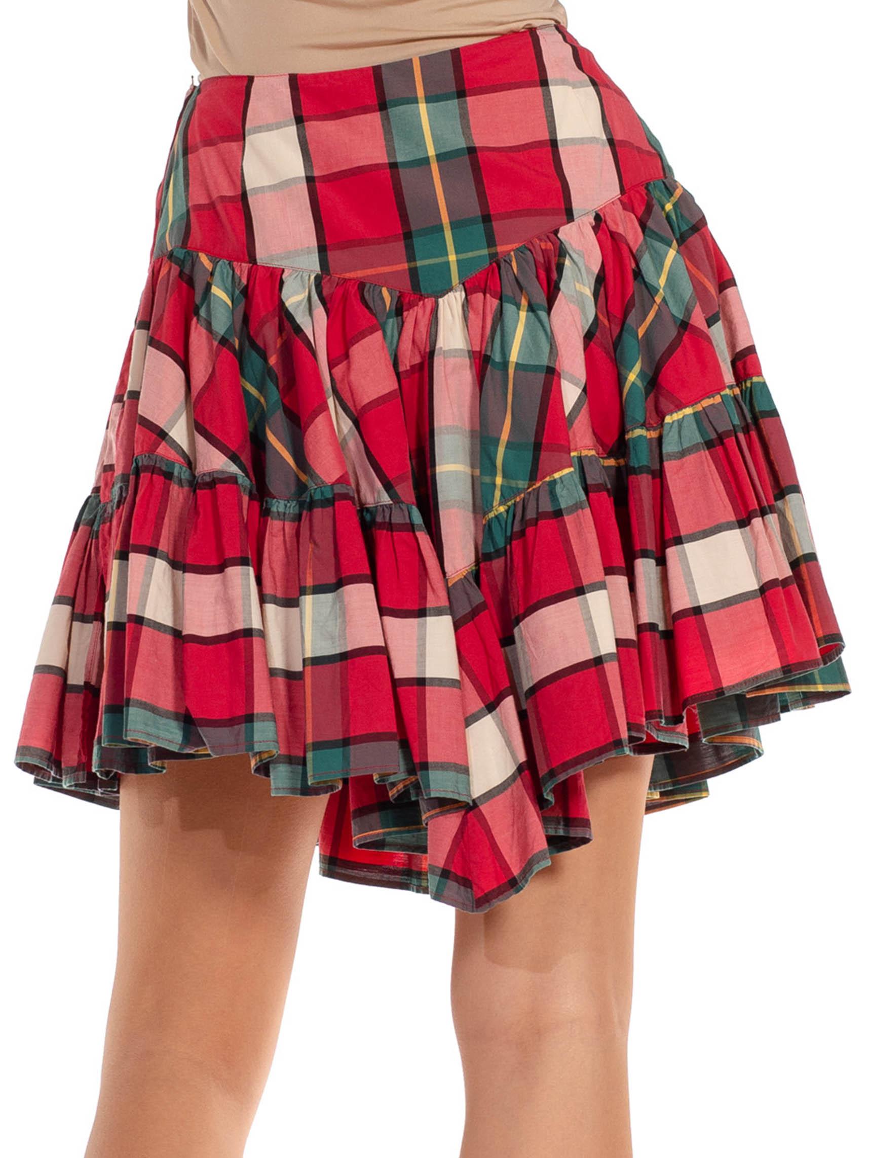 Brown 1980S VALENTINO OLIVER Red, Green & White Cotton Checked Layered Skirt For Sale