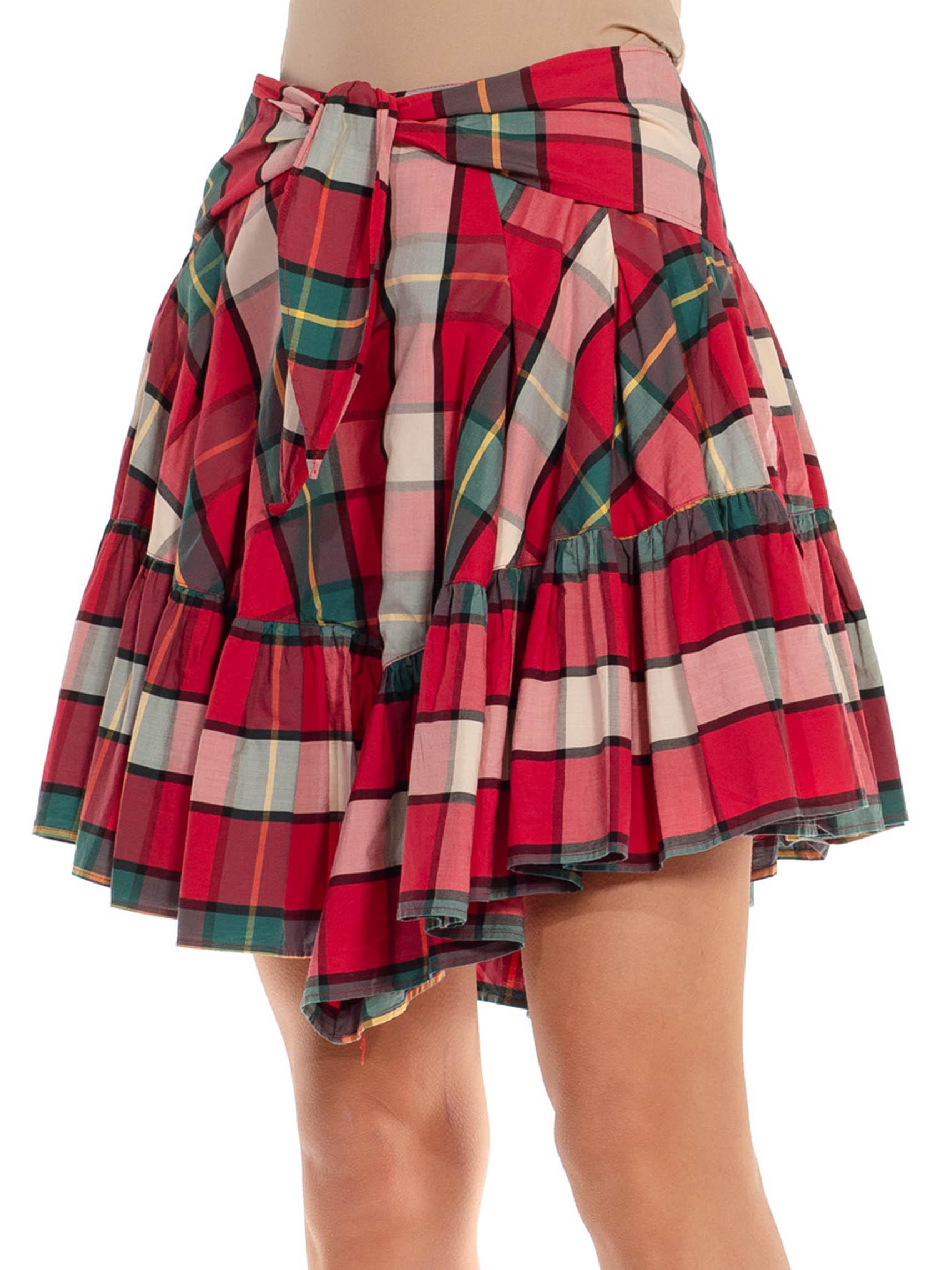 Women's 1980S VALENTINO OLIVER Red, Green & White Cotton Checked Layered Skirt For Sale