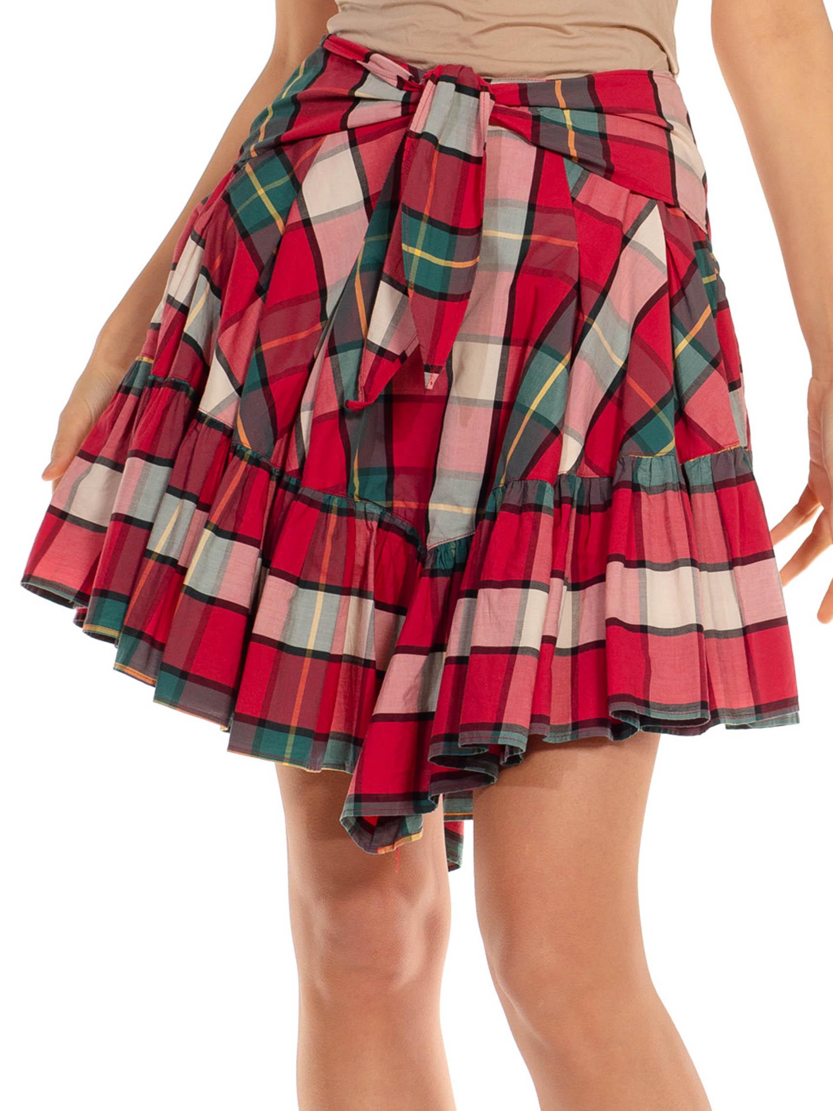 1980S VALENTINO OLIVER Red, Green & White Cotton Checked Layered Skirt For Sale 1