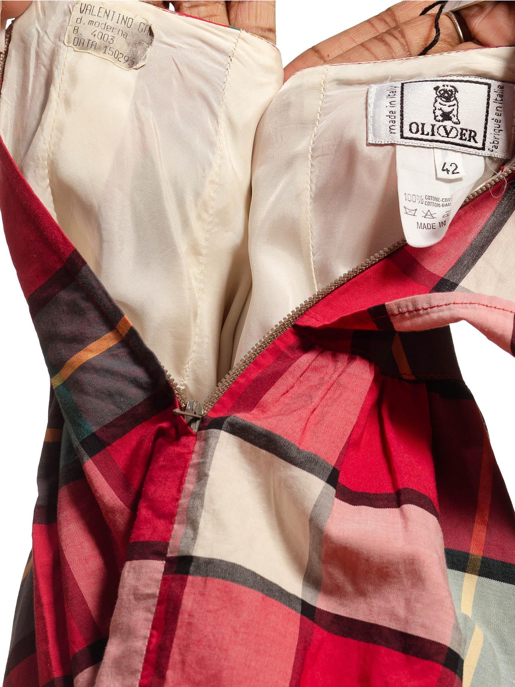 1980S VALENTINO OLIVER Red, Green & White Cotton Checked Layered Skirt For Sale 3