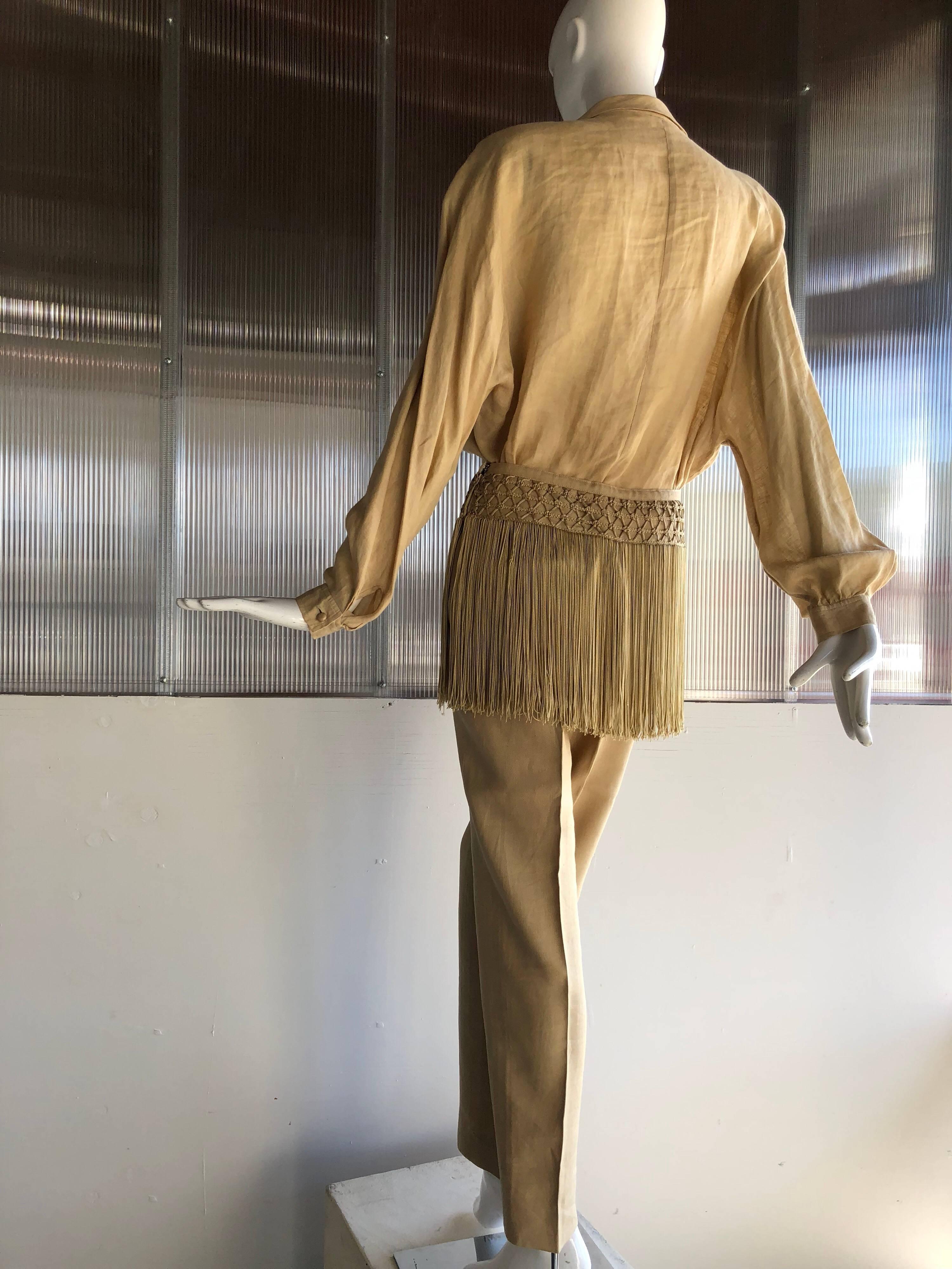 Brown 1980s Valentino Parchment Linen & Fringe Capri Pant & Tunic For Sale