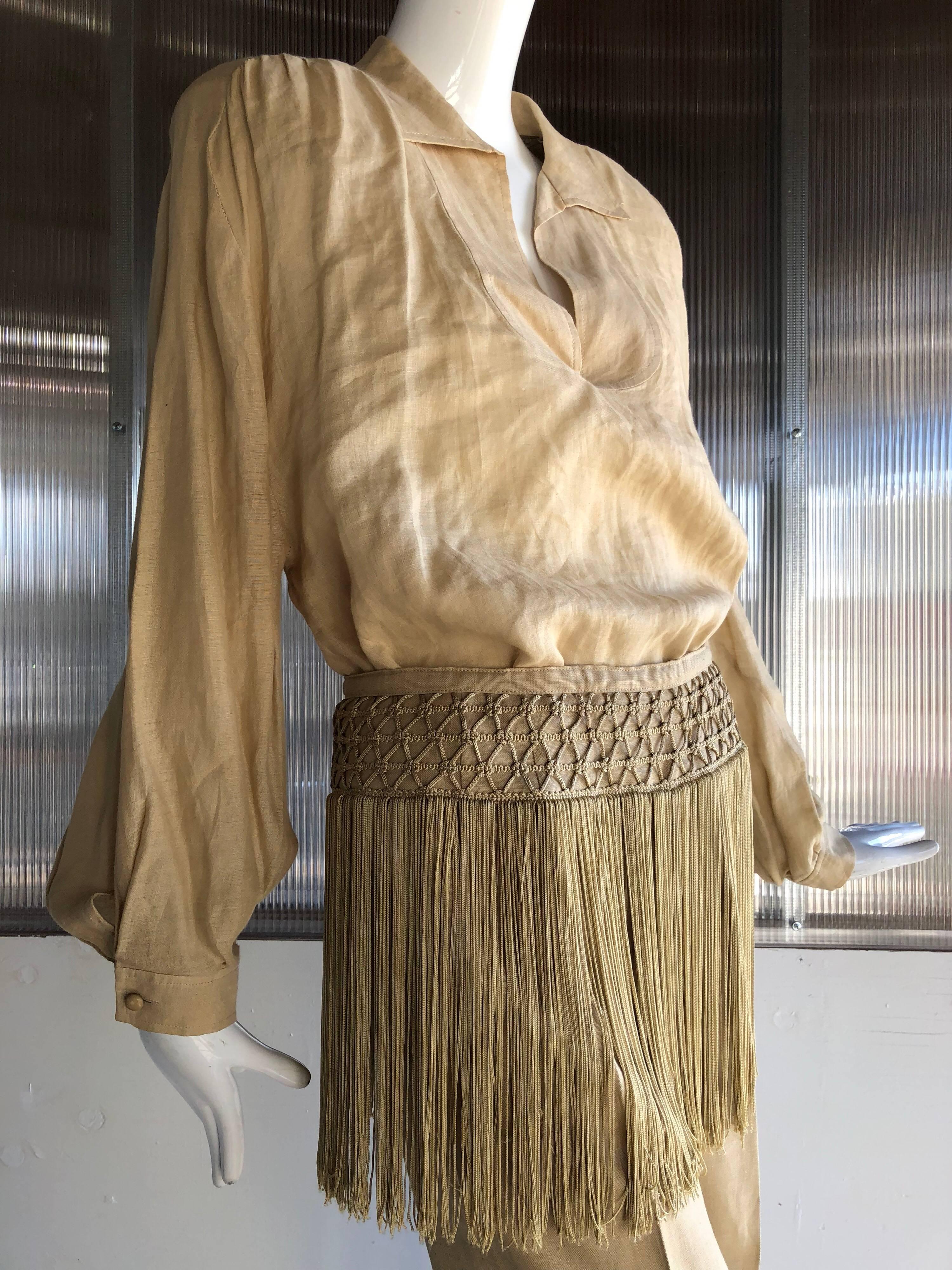 Women's 1980s Valentino Parchment Linen & Fringe Capri Pant & Tunic For Sale