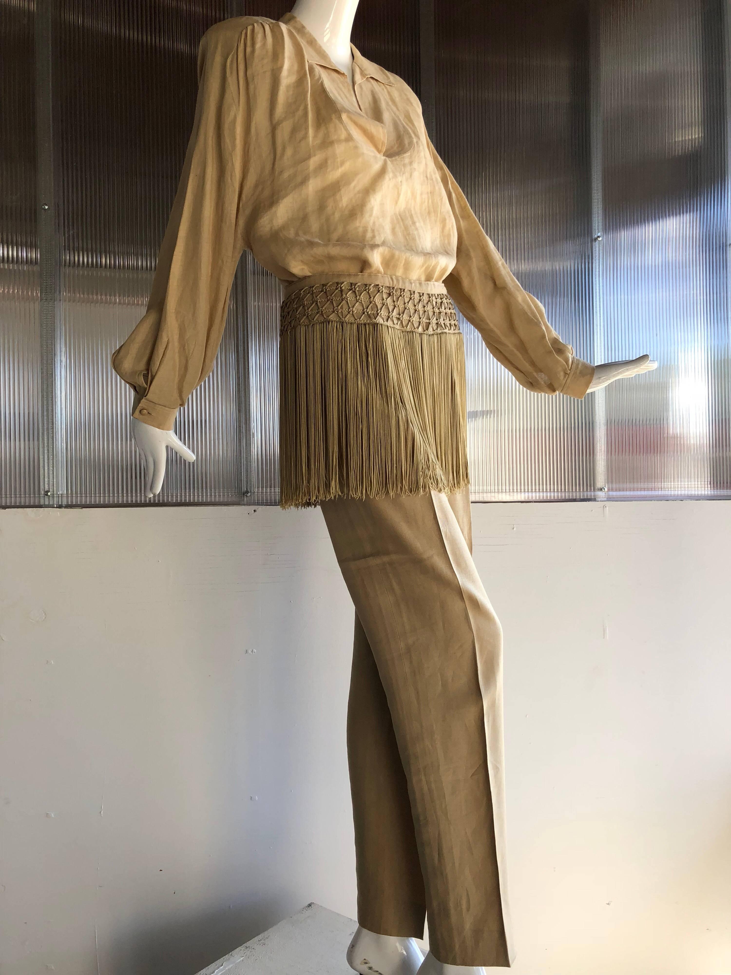 1980s Valentino Parchment Linen & Fringe Capri Pant & Tunic For Sale 2