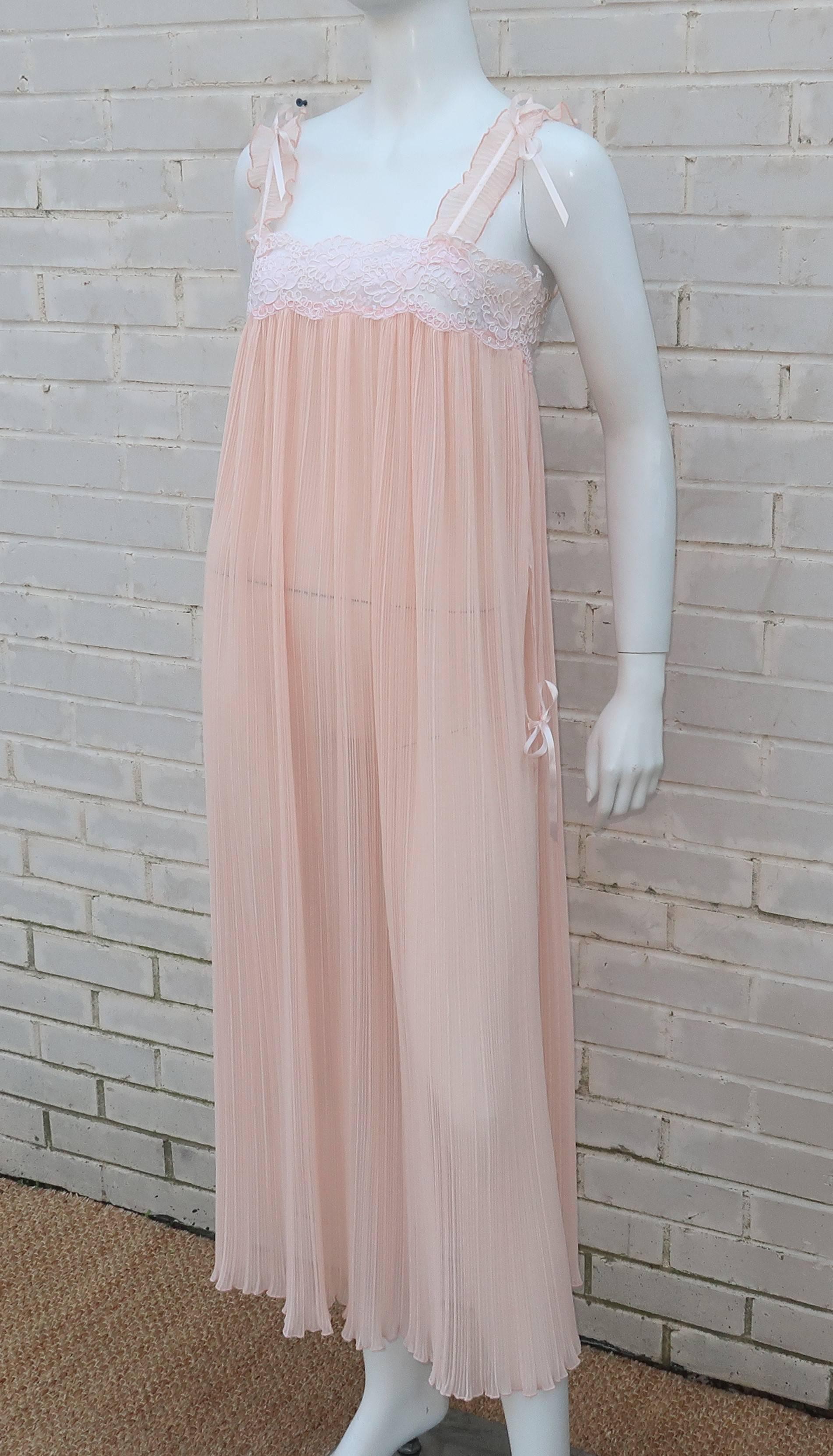 Brown Valentino Peach Micro Pleat Silk Negligee Gown, 1980s 