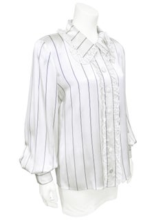 1980's Valentino Pinstripe Silk Blouse with Lace Ruffle