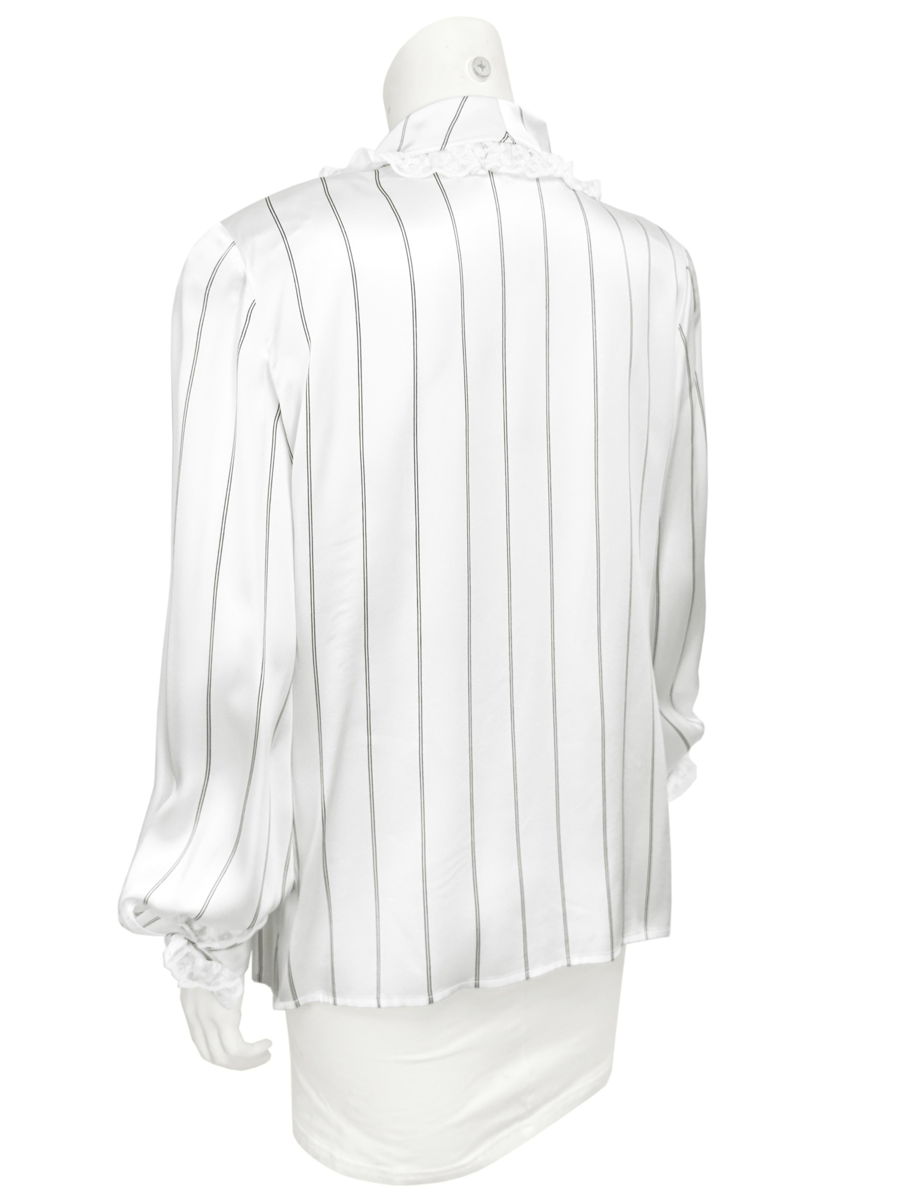 Gray 1980's Valentino Pinstripe Silk Blouse with Lace Ruffle For Sale