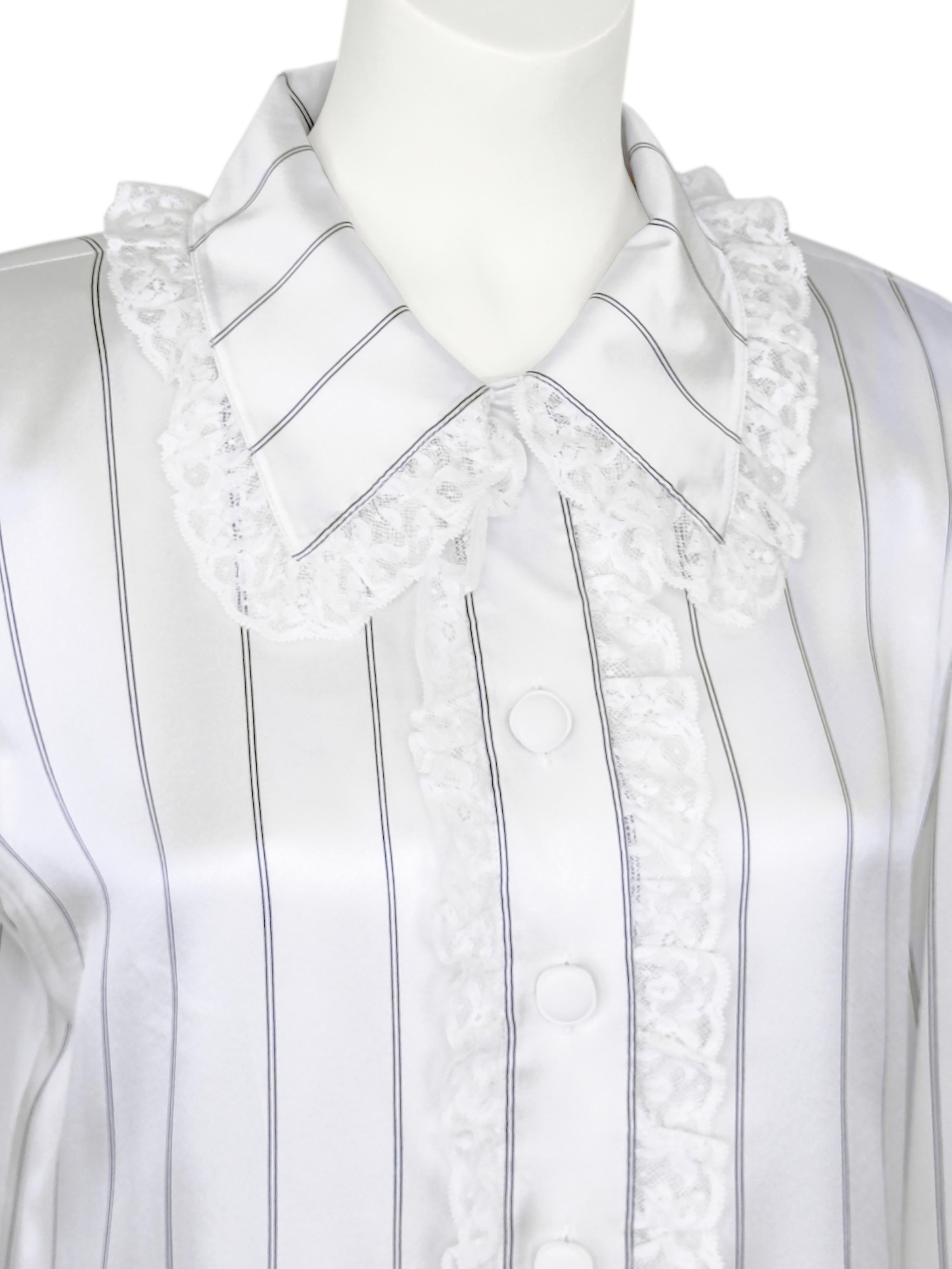 1980's Valentino Pinstripe Silk Blouse with Lace Ruffle In Good Condition For Sale In Toronto, Ontario
