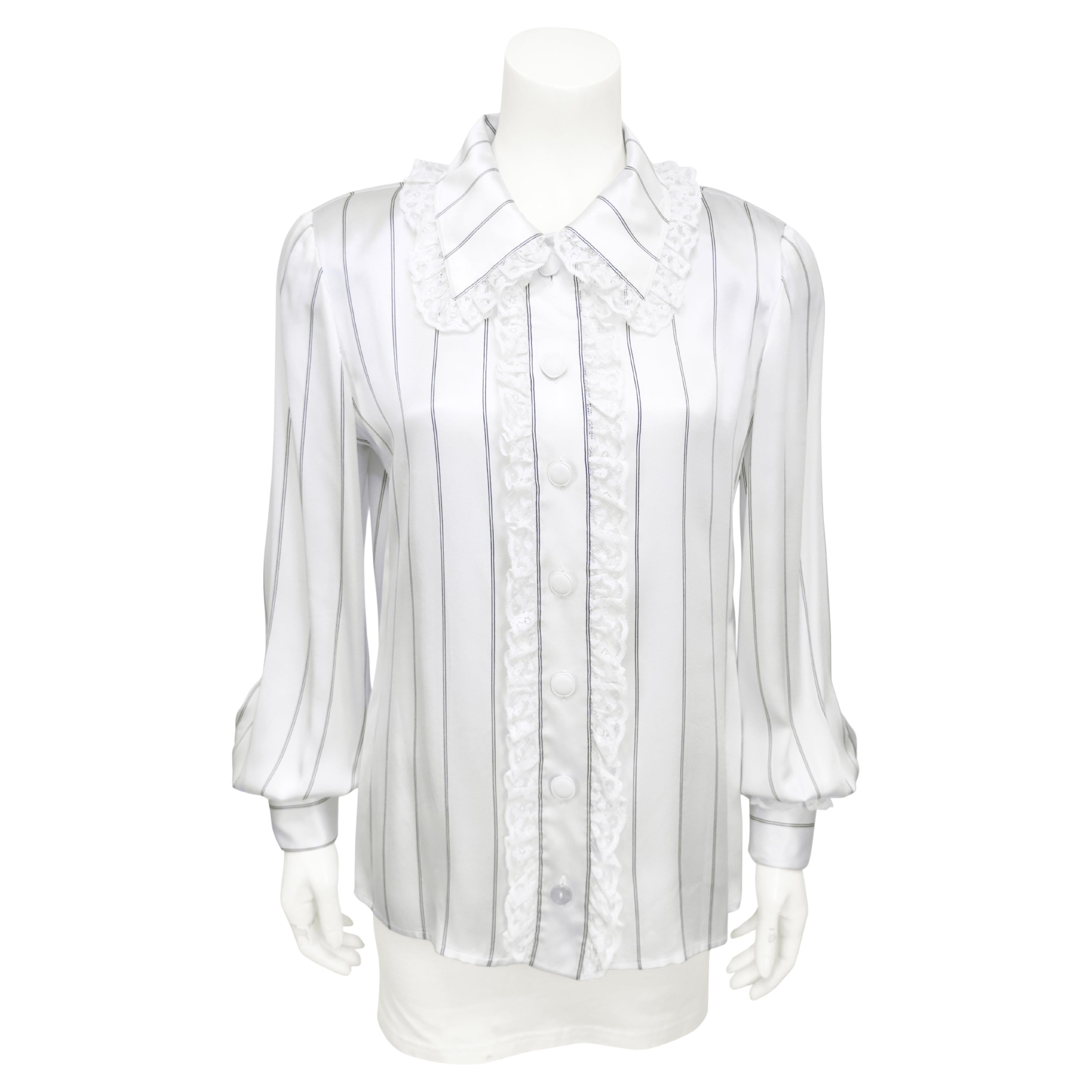 1980's Valentino Pinstripe Silk Blouse with Lace Ruffle