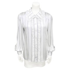 1980's Valentino Pinstripe Silk Blouse with Lace Ruffle