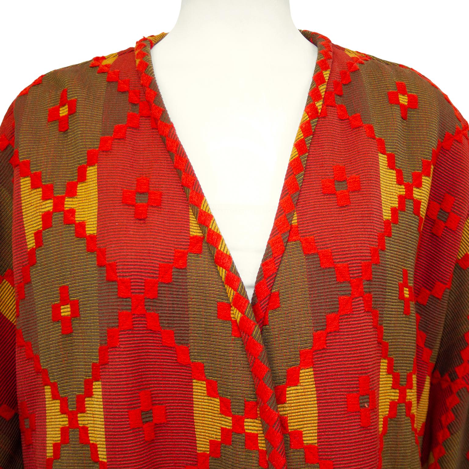 Women's or Men's 1980s Valentino Red and Brown Embroidered Aztec Jacket For Sale