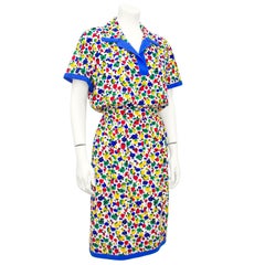 1980s Valentino Silk Floral Shirt Dress with Blue Trim
