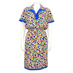 Retro 1980s Valentino Silk Floral Shirt Dress with Blue Trim 
