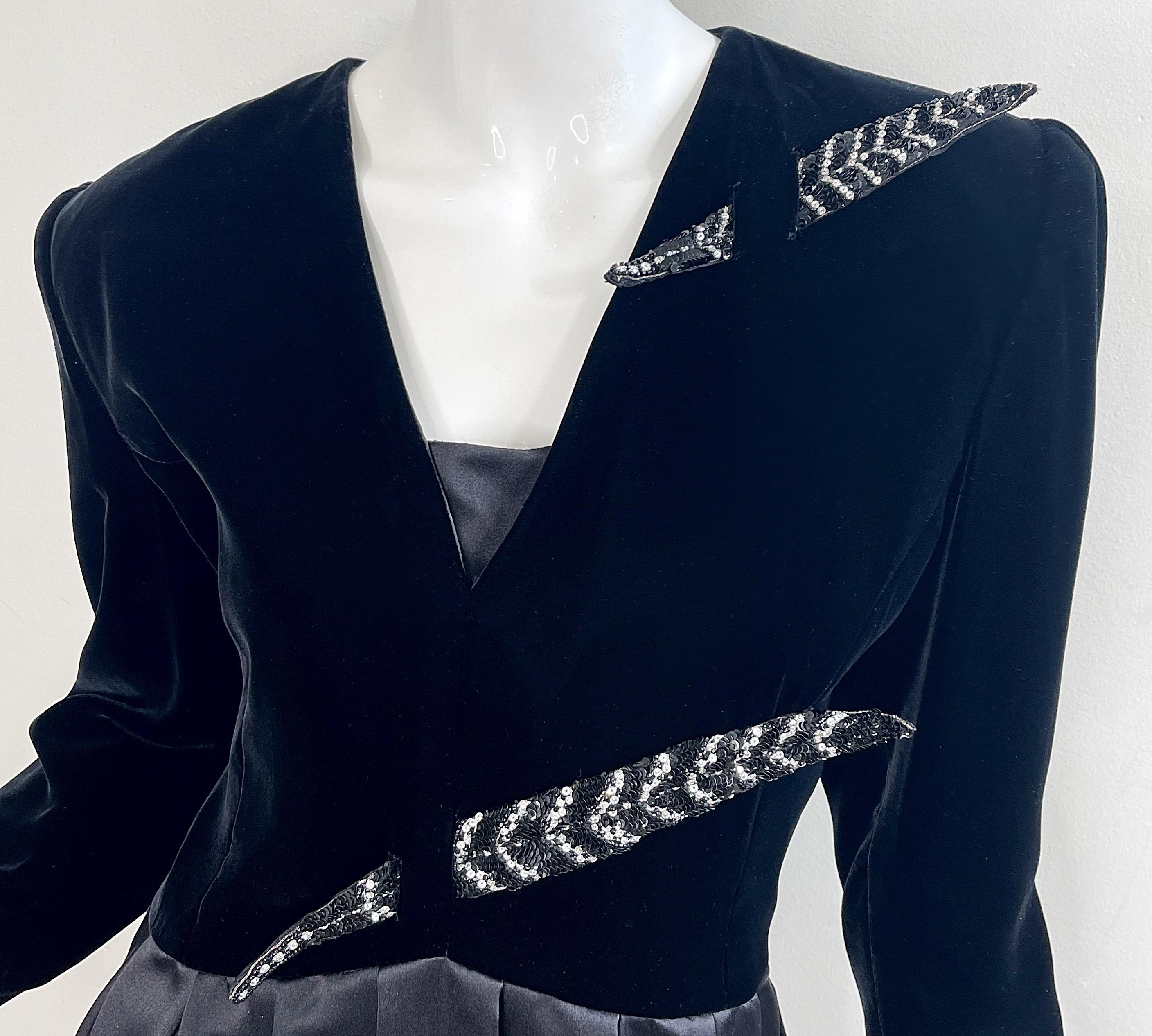 Women's 1980s Valentino Size 10 Black Beaded Feather Velvet + Silk Vintage 80s Dress For Sale