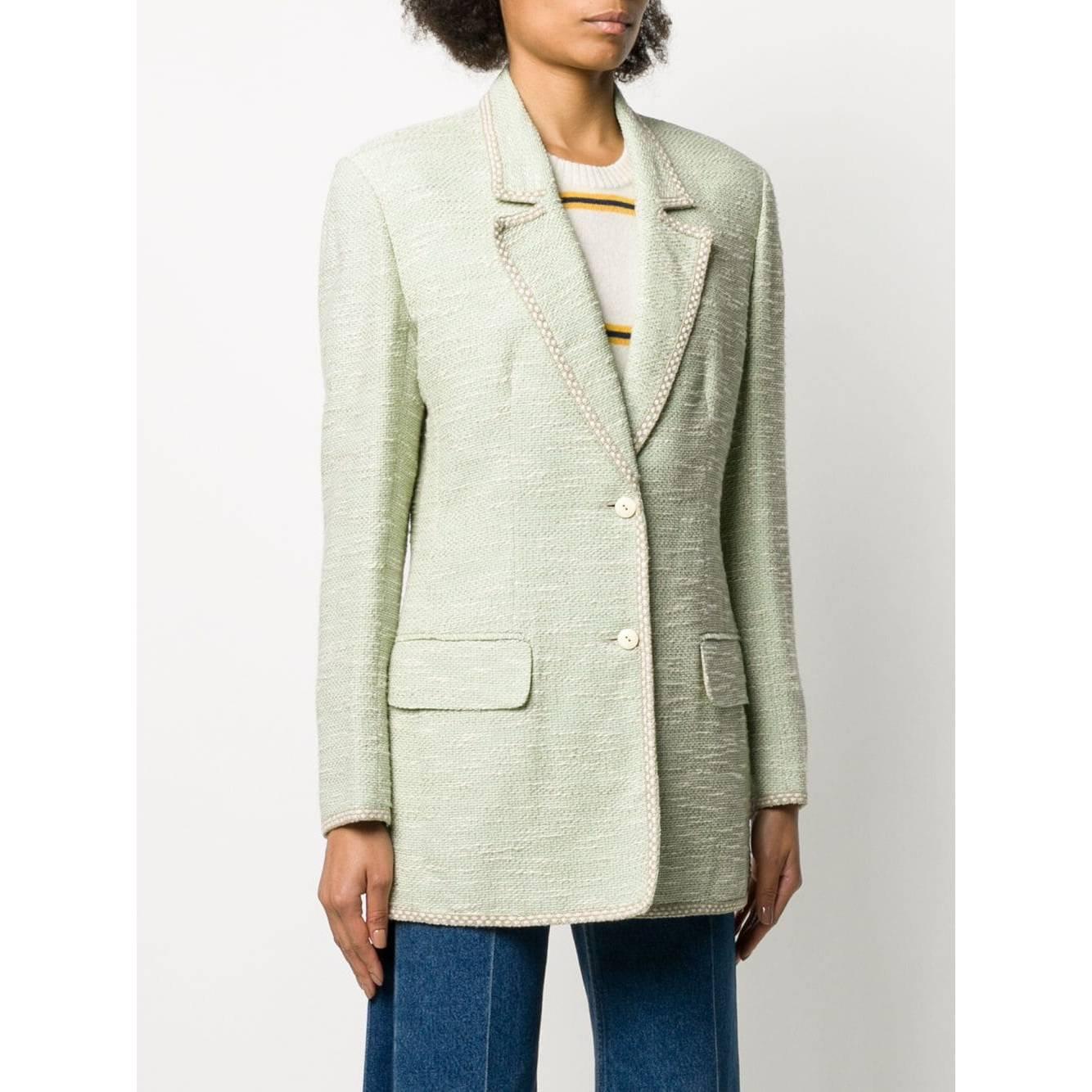 A.N.G.E.L.O. Vintage - ITALY
Valentino pastel mint green cotton blend blazer with beige and white intertwined threads. Model with classic lapel collar, single-breasted closure with buttons. Two flap pockets and long sleeves.

Years: 80s

Made in