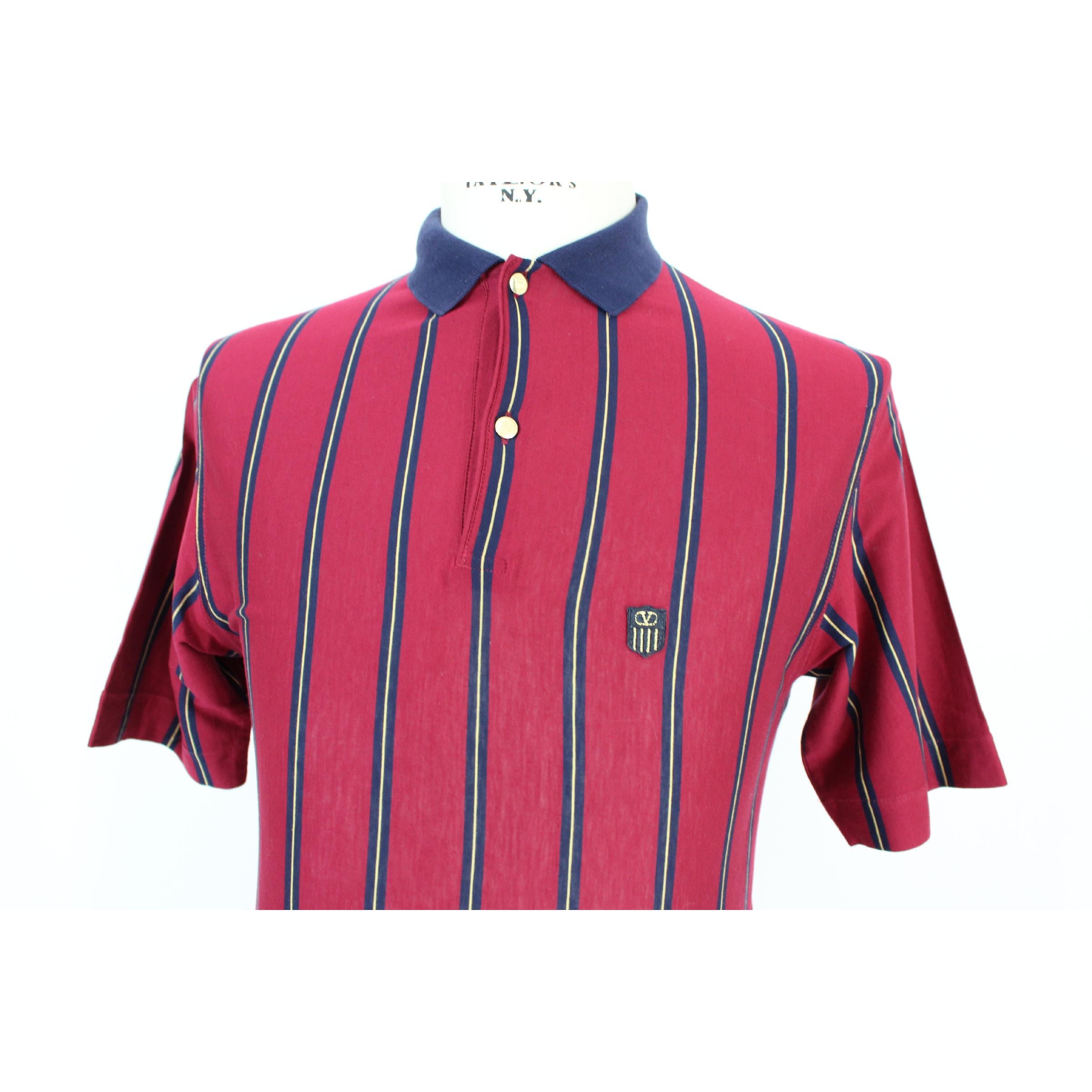 1980s Valentino Sport Blue Red Cotton Pinstripe Polo Shirt  1