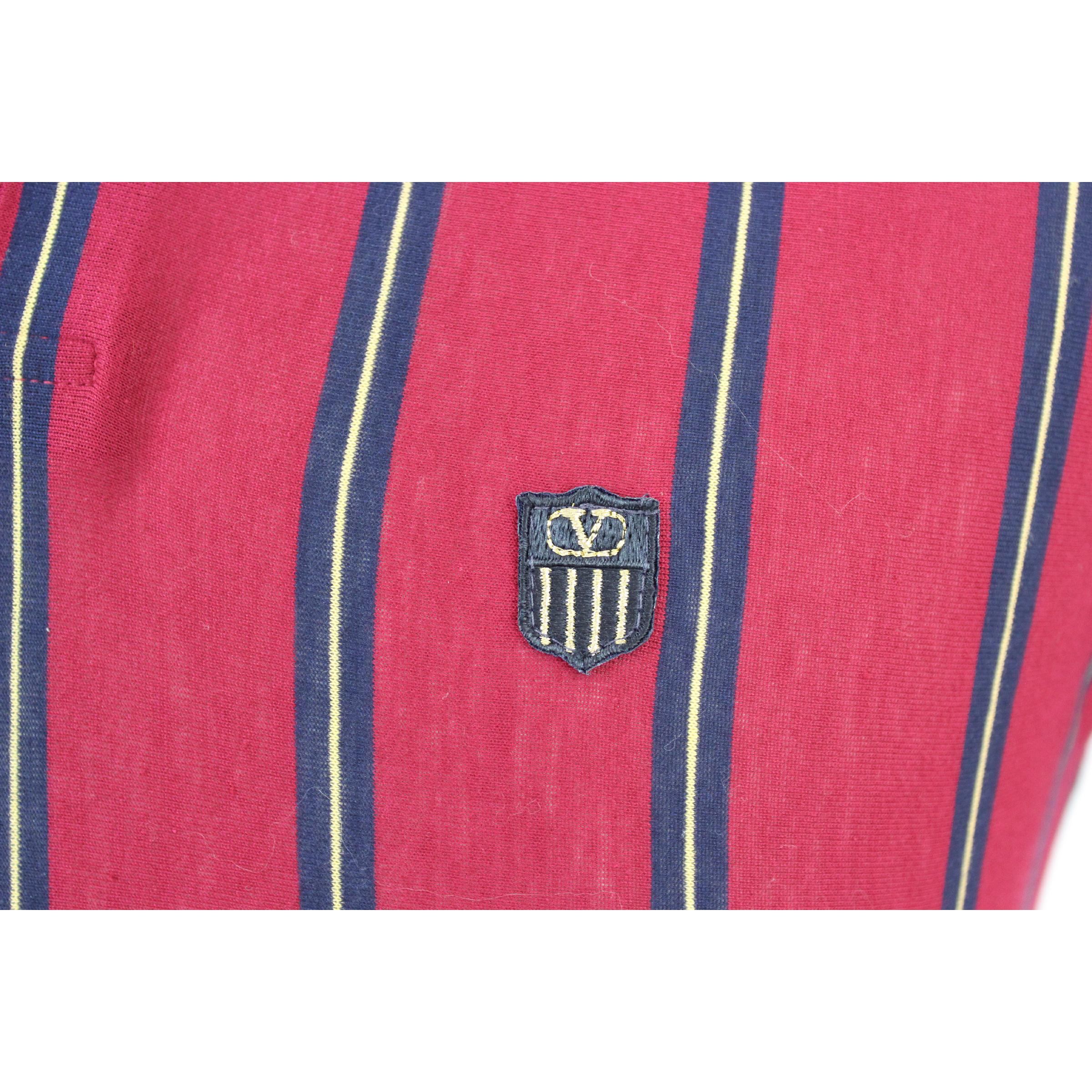 1980s Valentino Sport Blue Red Cotton Pinstripe Polo Shirt  2