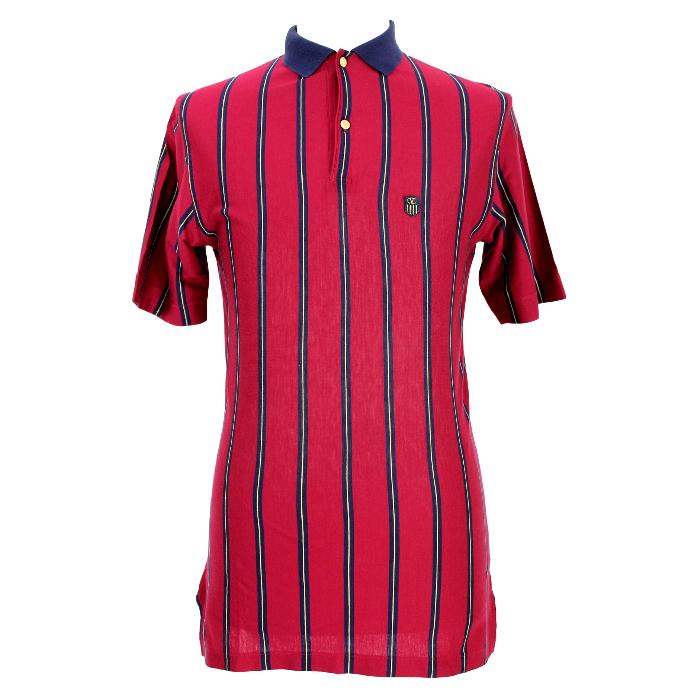 1980s Valentino Sport Blue Red Cotton Pinstripe Polo Shirt 