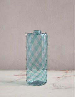 1980s VeArt Murano Glass Hand-blown Striped Turquoise Bottle