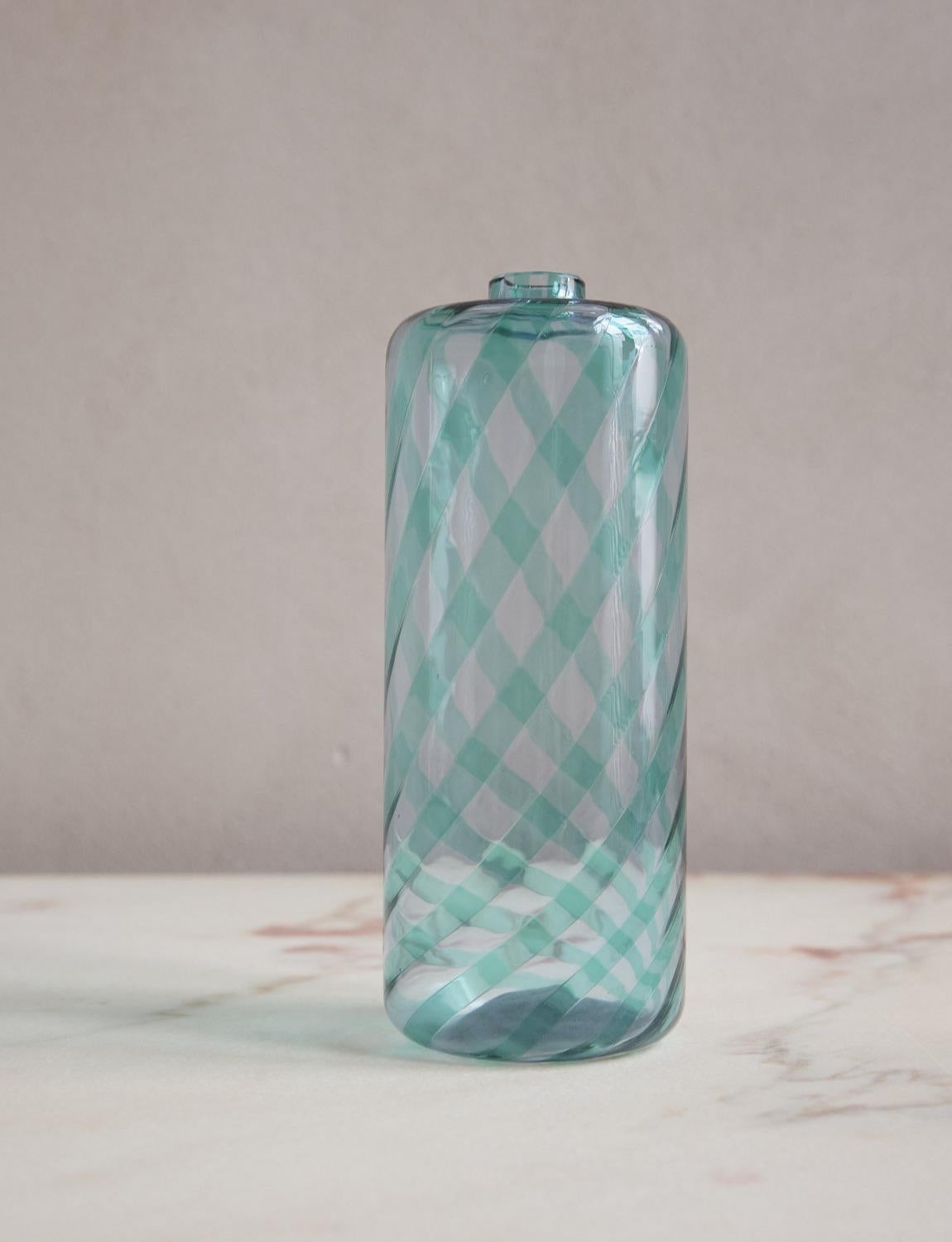 Fine XX secolo 1980s VeArt Murano Glass Hand-blown Striped Turquoise Bottle in vendita