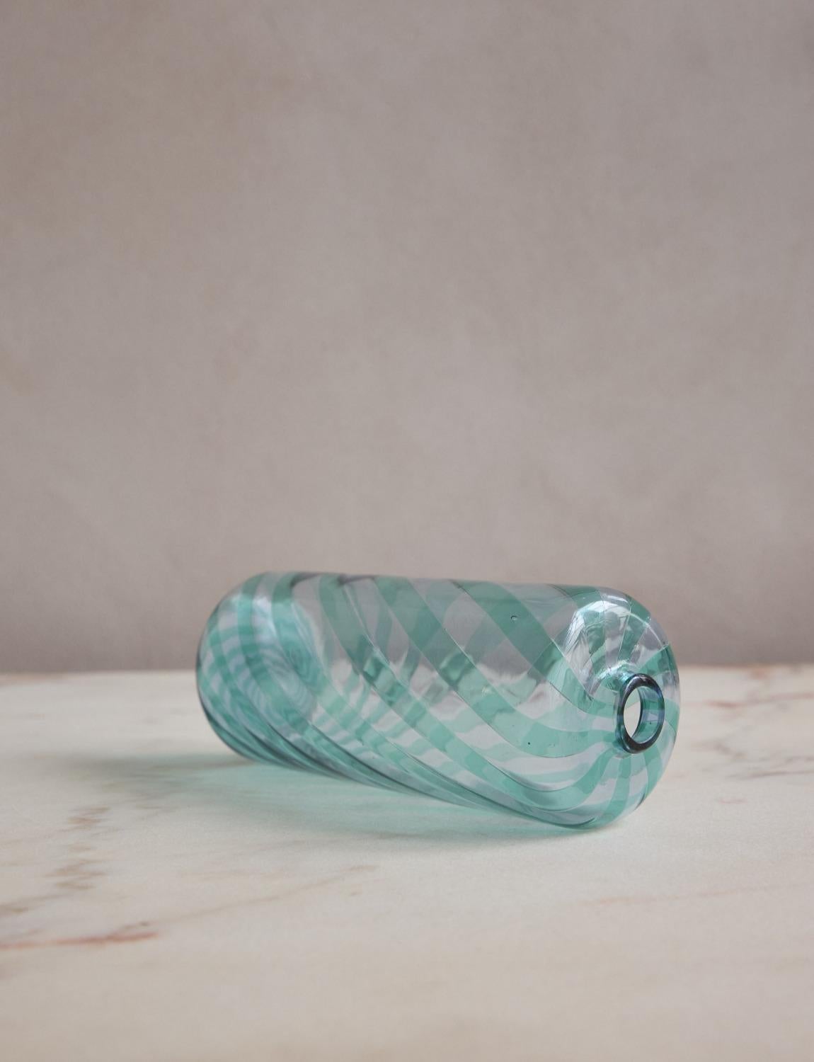 Vetro artistico 1980s VeArt Murano Glass Hand-blown Striped Turquoise Bottle in vendita