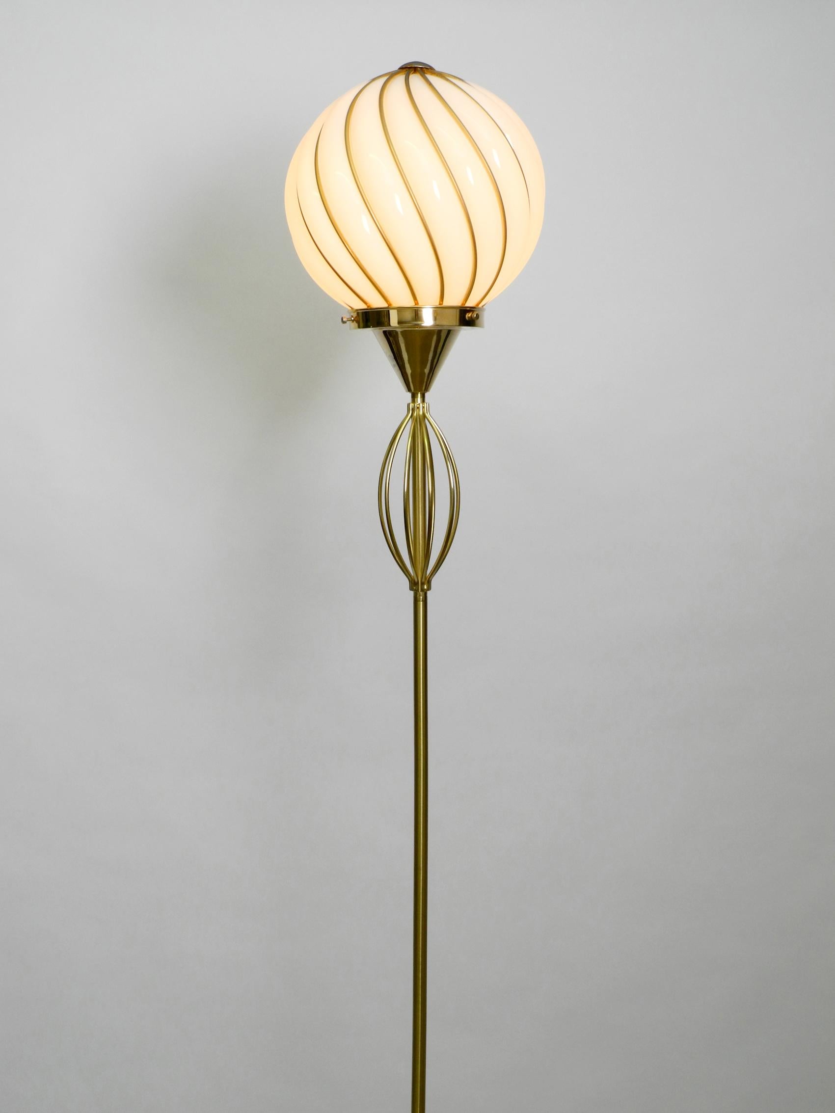 Italian 1980s VeArt XL Handcrafted Metal Floor Lamp Brass-Plated Details and Glass Shade