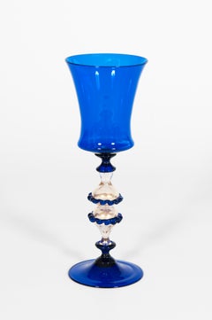 1980s Venetian Murano Cobalt Blue and Gold Leaf Chalice