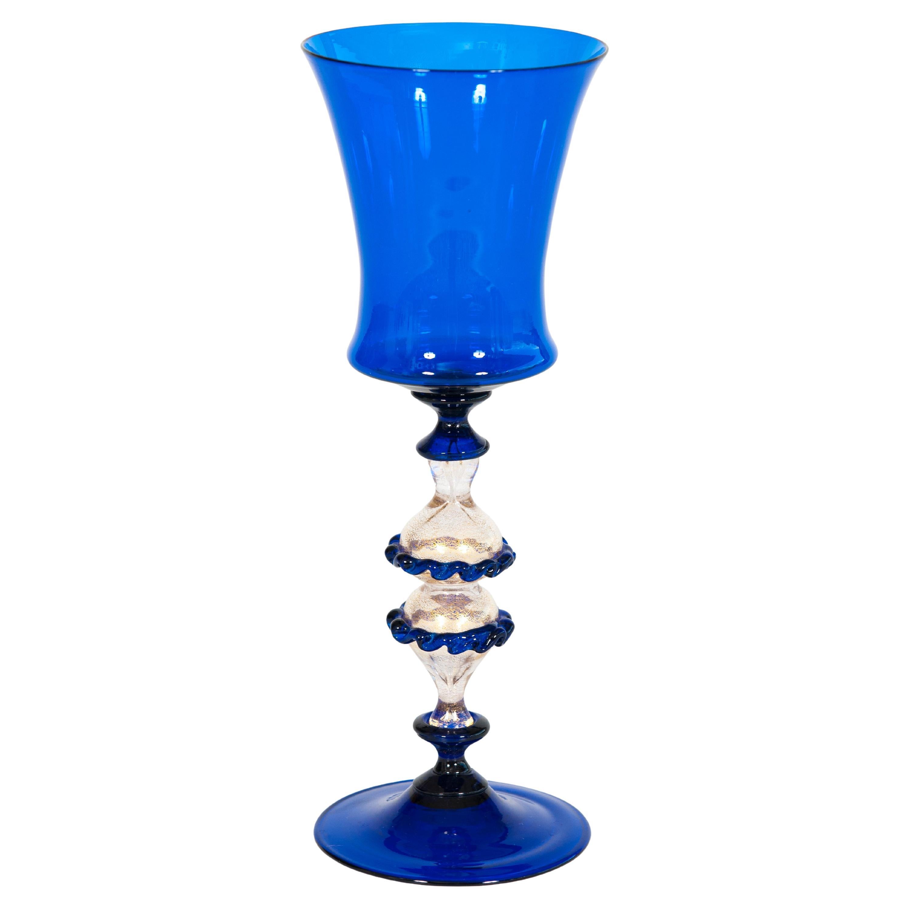 1980s Venetian Murano Cobalt Blue and Gold Leaf Chalice