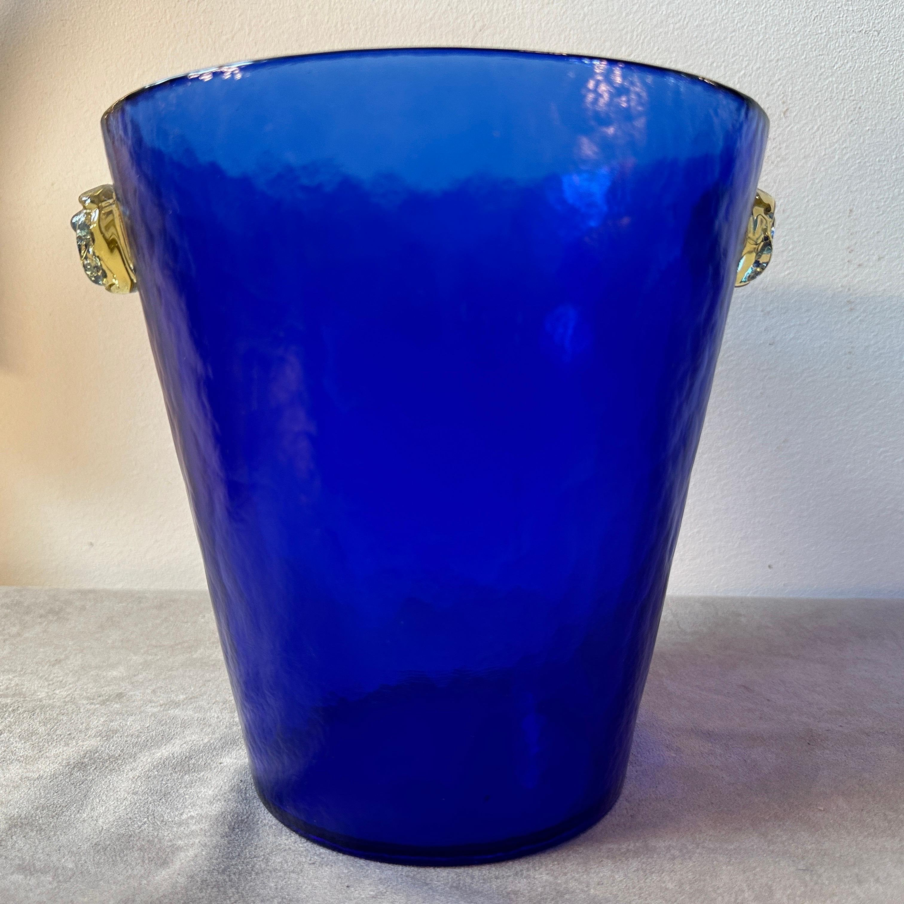 Hand-Crafted 1980s Venini Style Modernist Blue and Yellow Murano Glass Wine Cooler