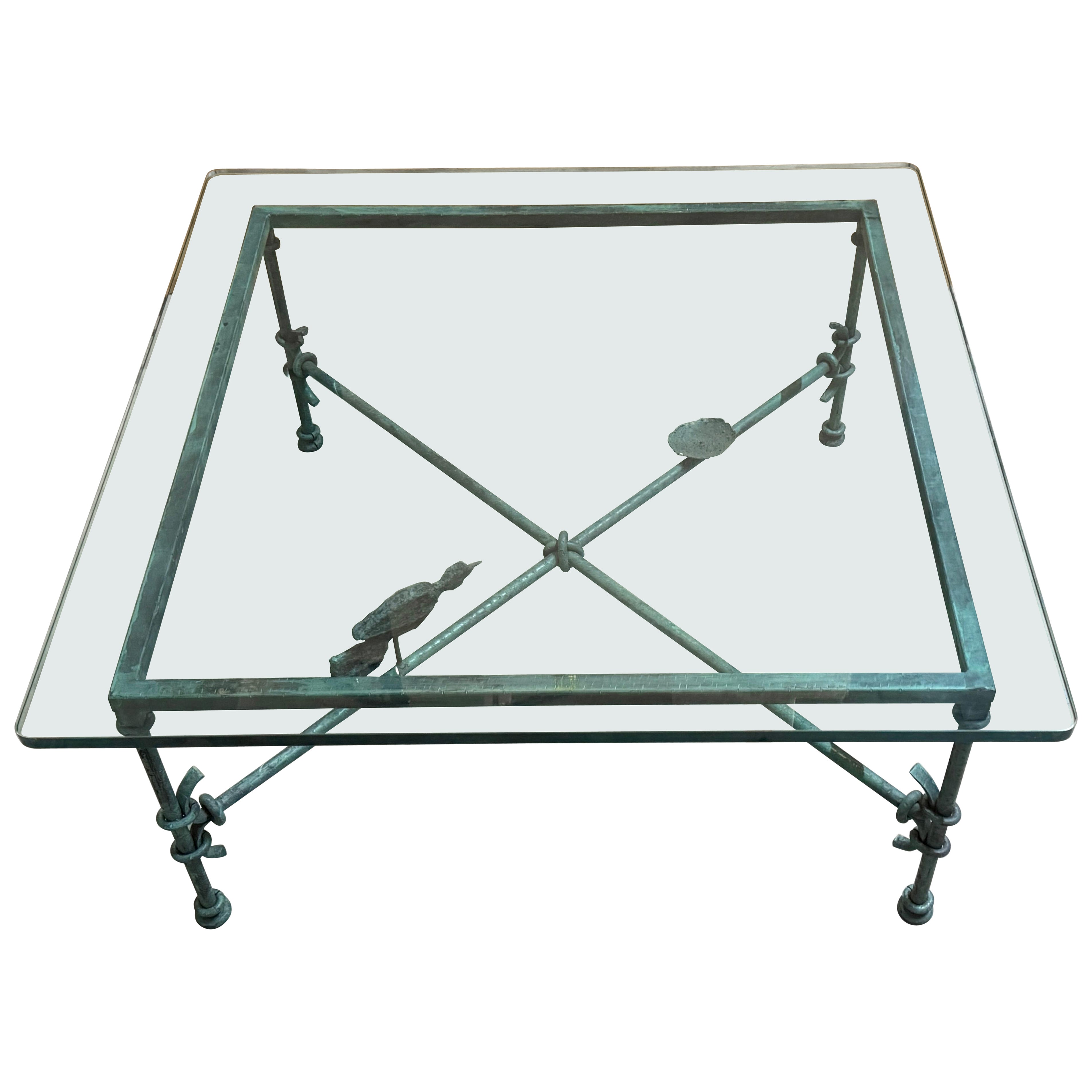 Table basse en verre et fer vert des années 1980, style Giacometti, 42" carré en vente