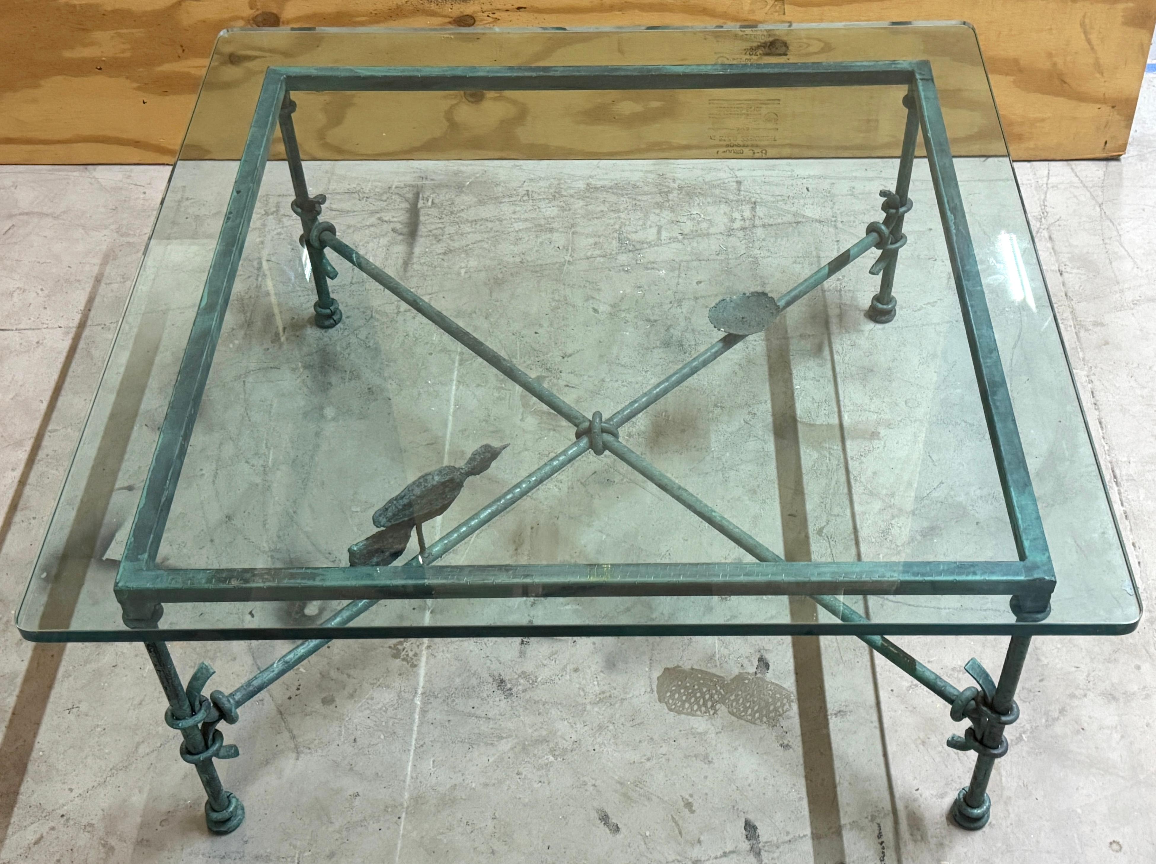 1980s Verdigris Iron & Glass Coffee Table, Style of Giacometti, 42" Square For Sale