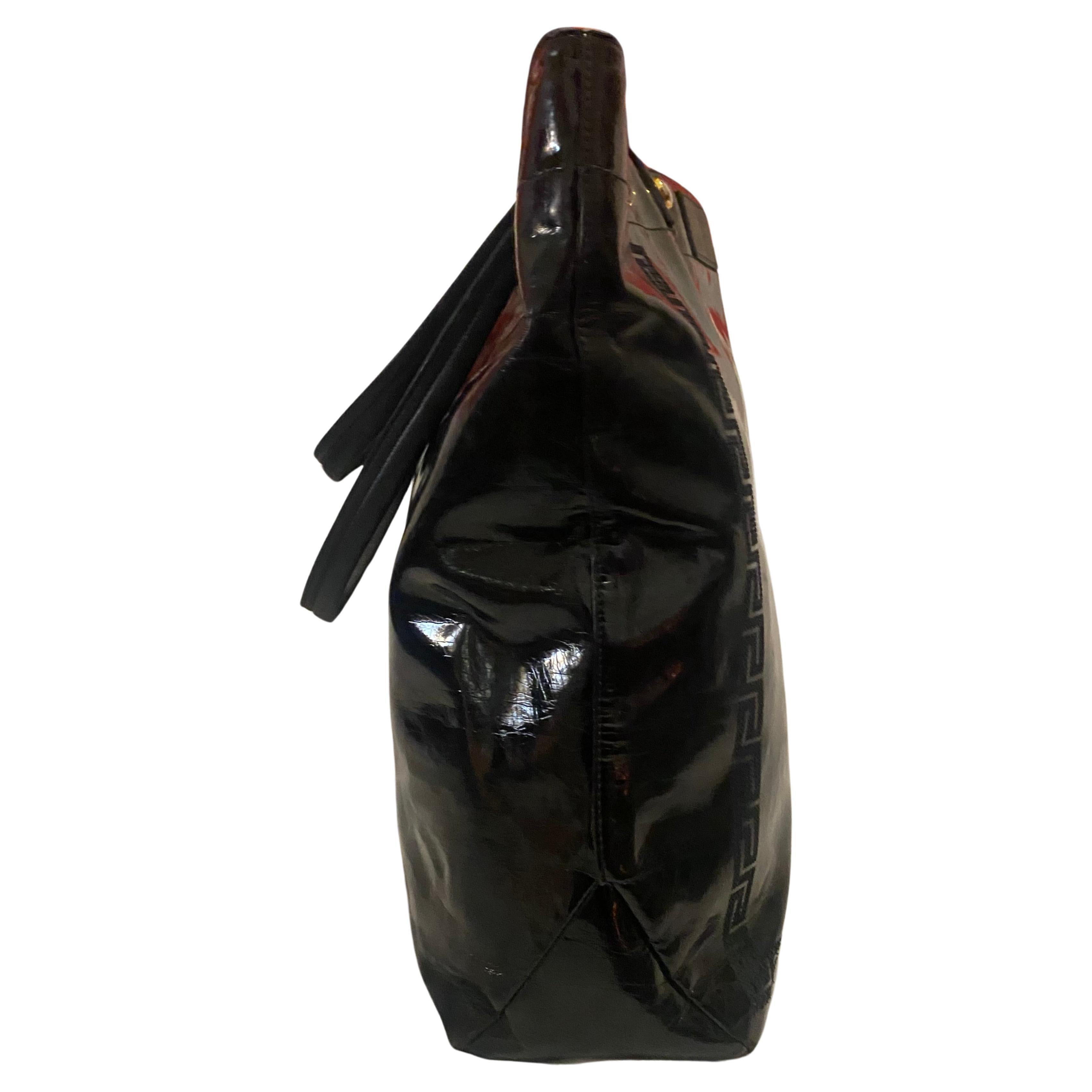 1980s Versace Black Patent Leather Medusa Cut Out Tote Bag For Sale 3