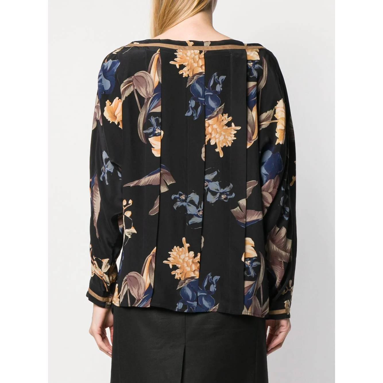 Women's 1980s Versace Black Silk Loose-fit Blouse with Floral Print all over