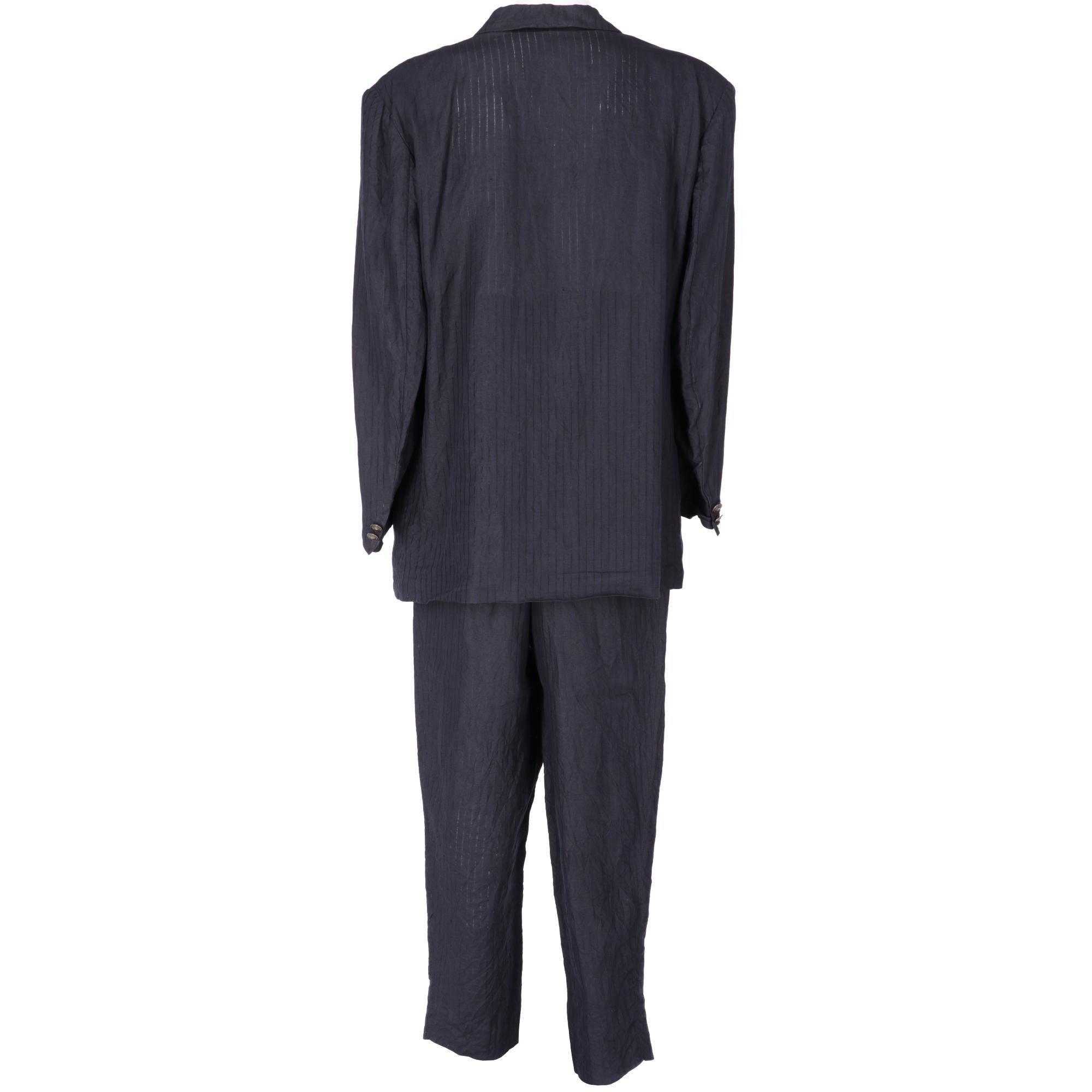 Black 1980s Versace Blue Linen Suit