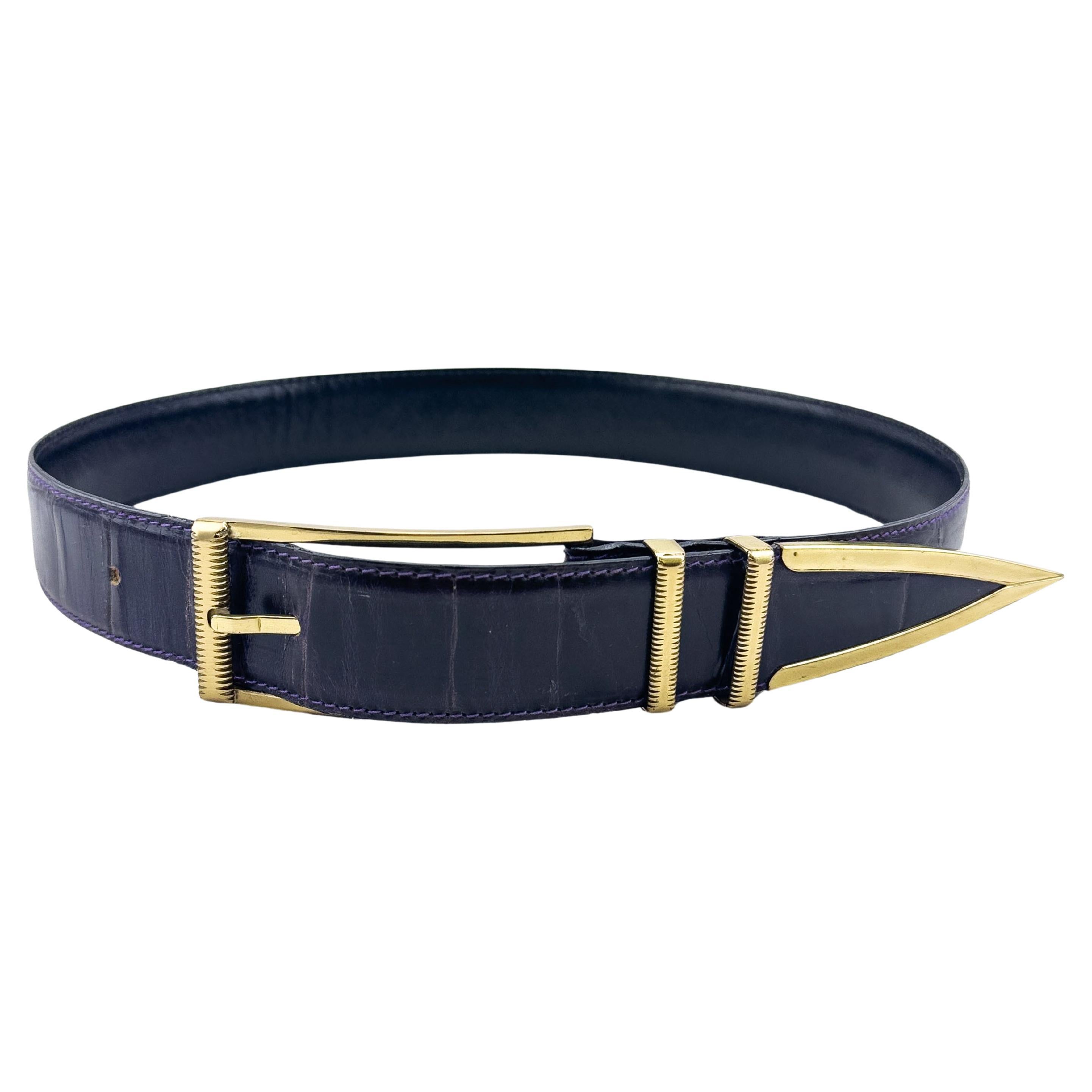 1980s Versace Dark Purple Crocodile Belt with Gold Hardware
