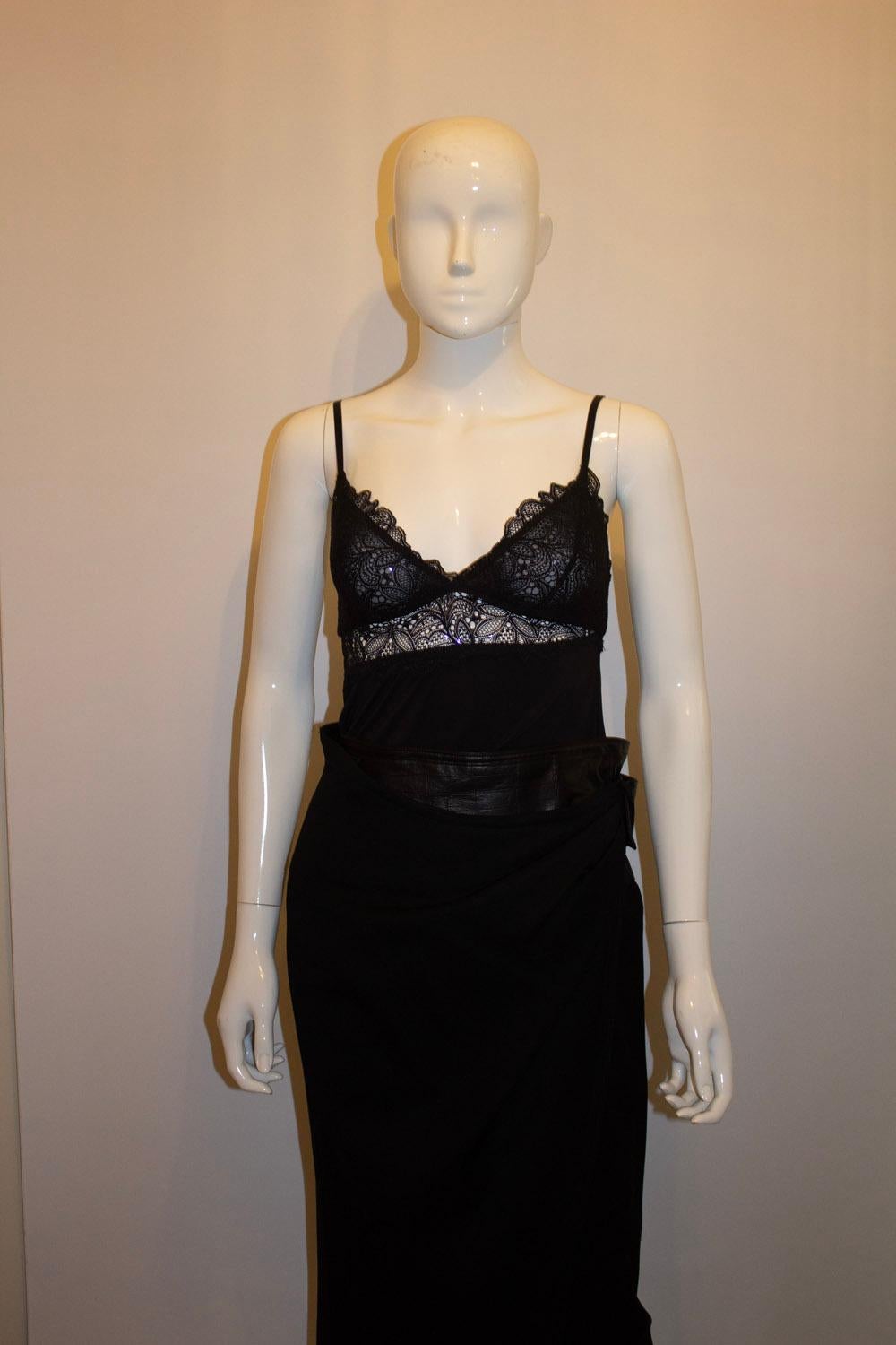 Black 1980s Versace Leather and Wool Skirt