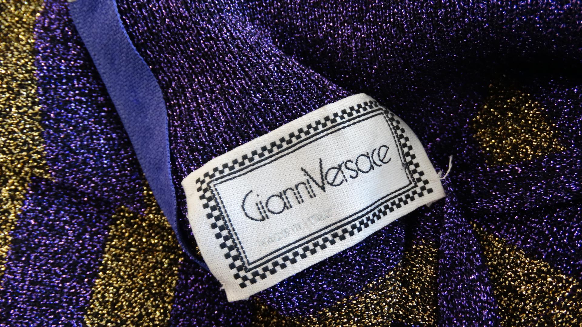 1980s Versace Purple & Gold Lurex Striped Sleeveless Turtleneck  In Good Condition In Scottsdale, AZ