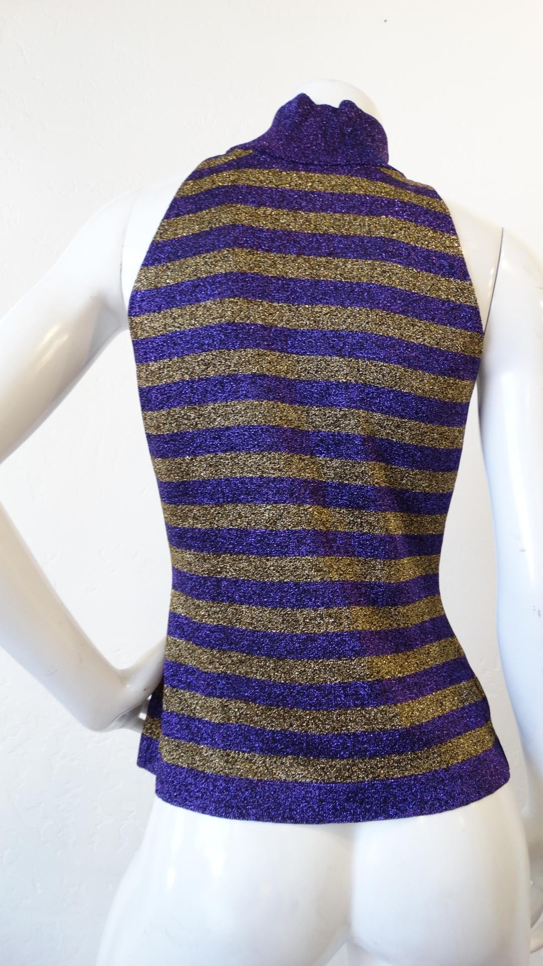 Women's 1980s Versace Purple & Gold Lurex Striped Sleeveless Turtleneck 
