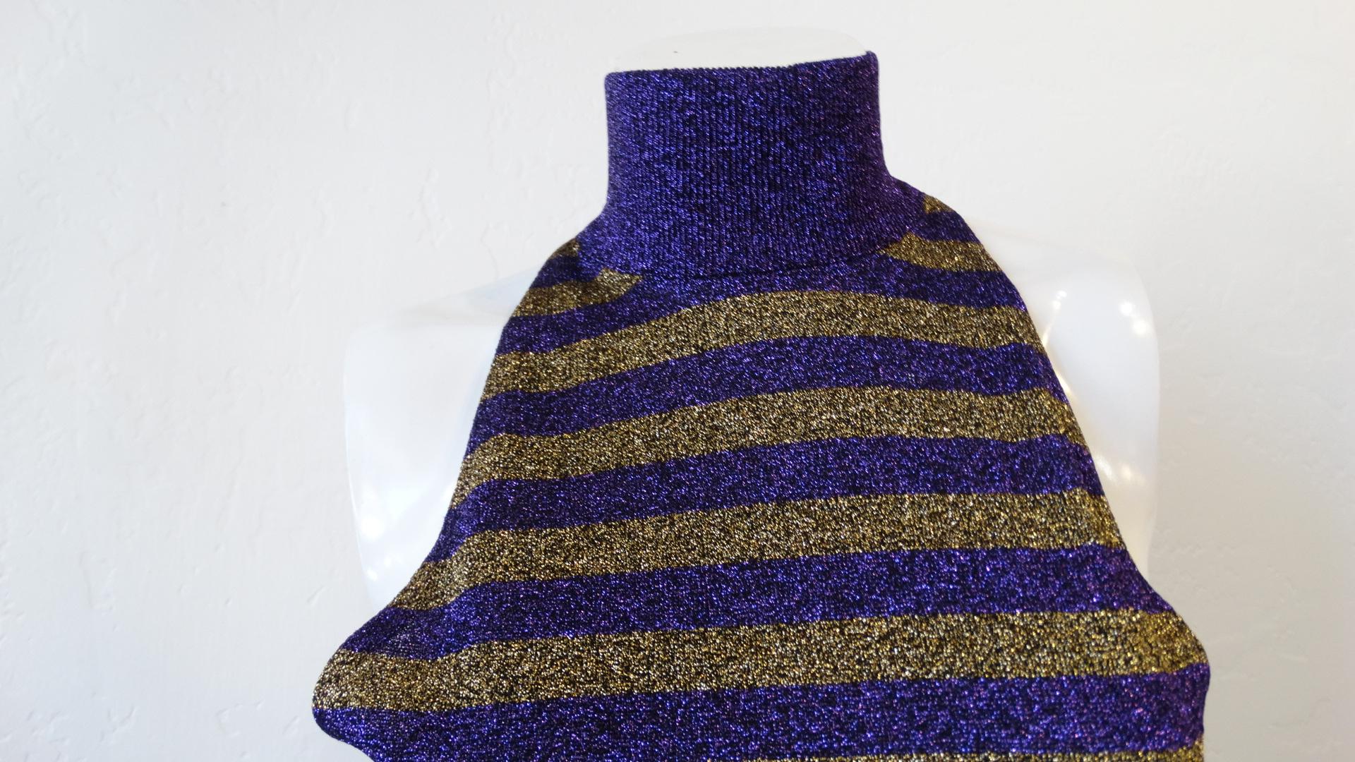1980s Versace Purple & Gold Lurex Striped Sleeveless Turtleneck  1