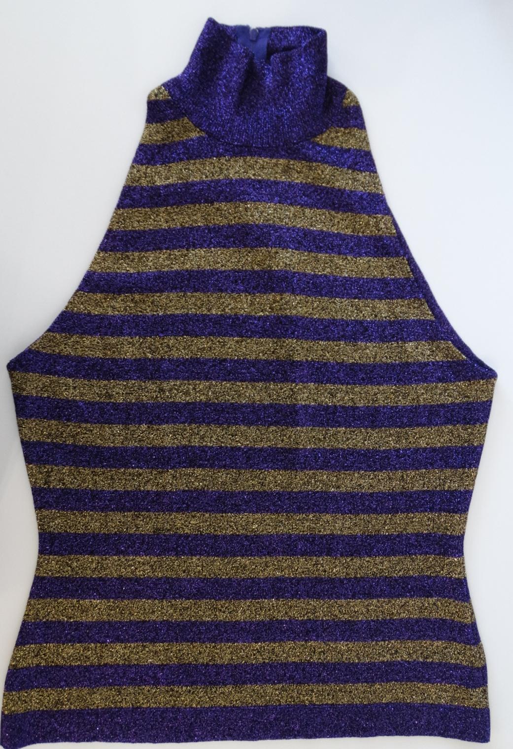 1980s Versace Purple & Gold Lurex Striped Sleeveless Turtleneck  4