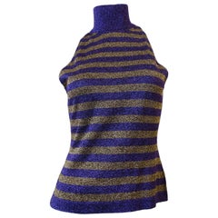1980s Versace Purple & Gold Lurex Striped Sleeveless Turtleneck