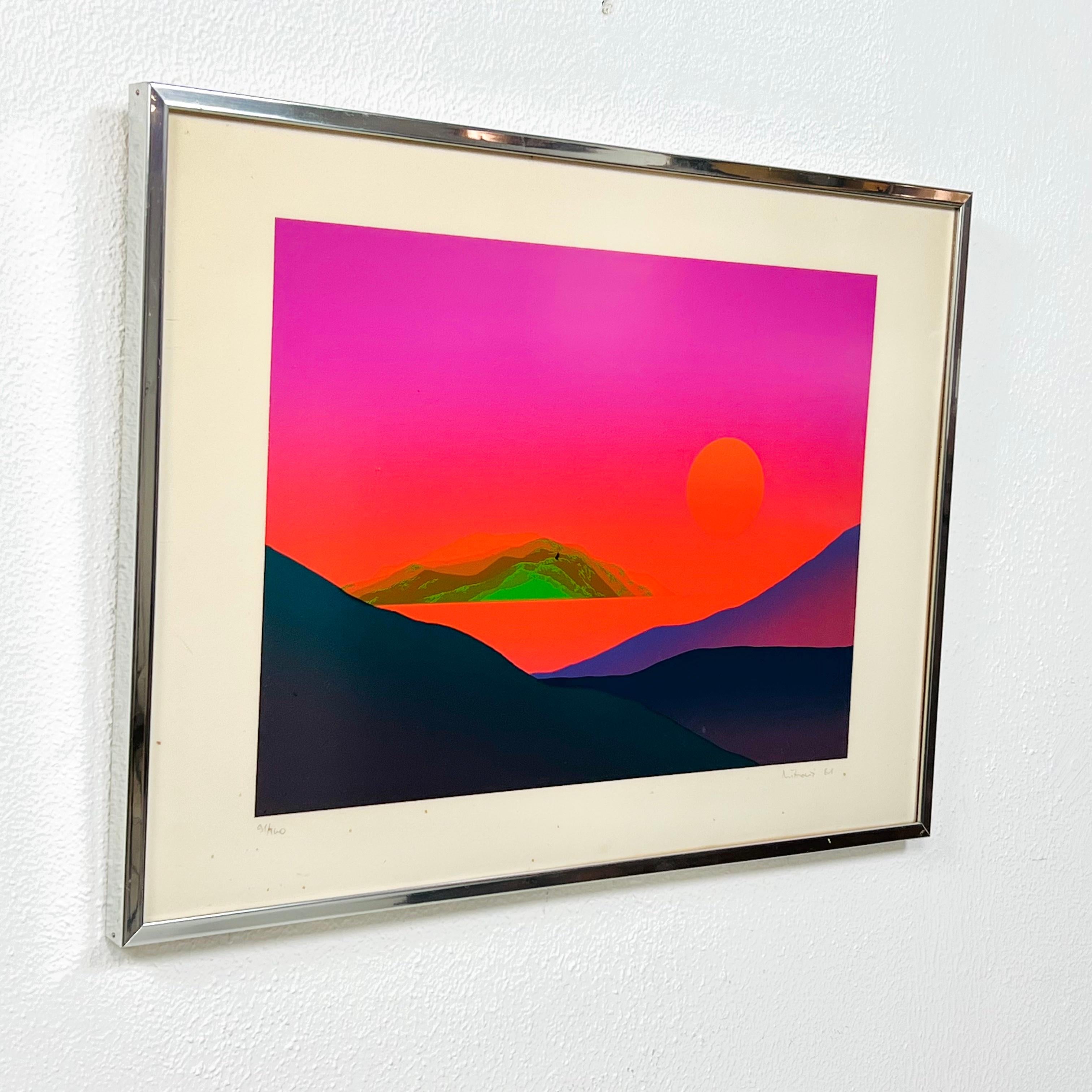 Serigrafía de paisaje vibrante de los años 80, por Maro Mitrovic en Bueno estado para la venta en Dallas, TX