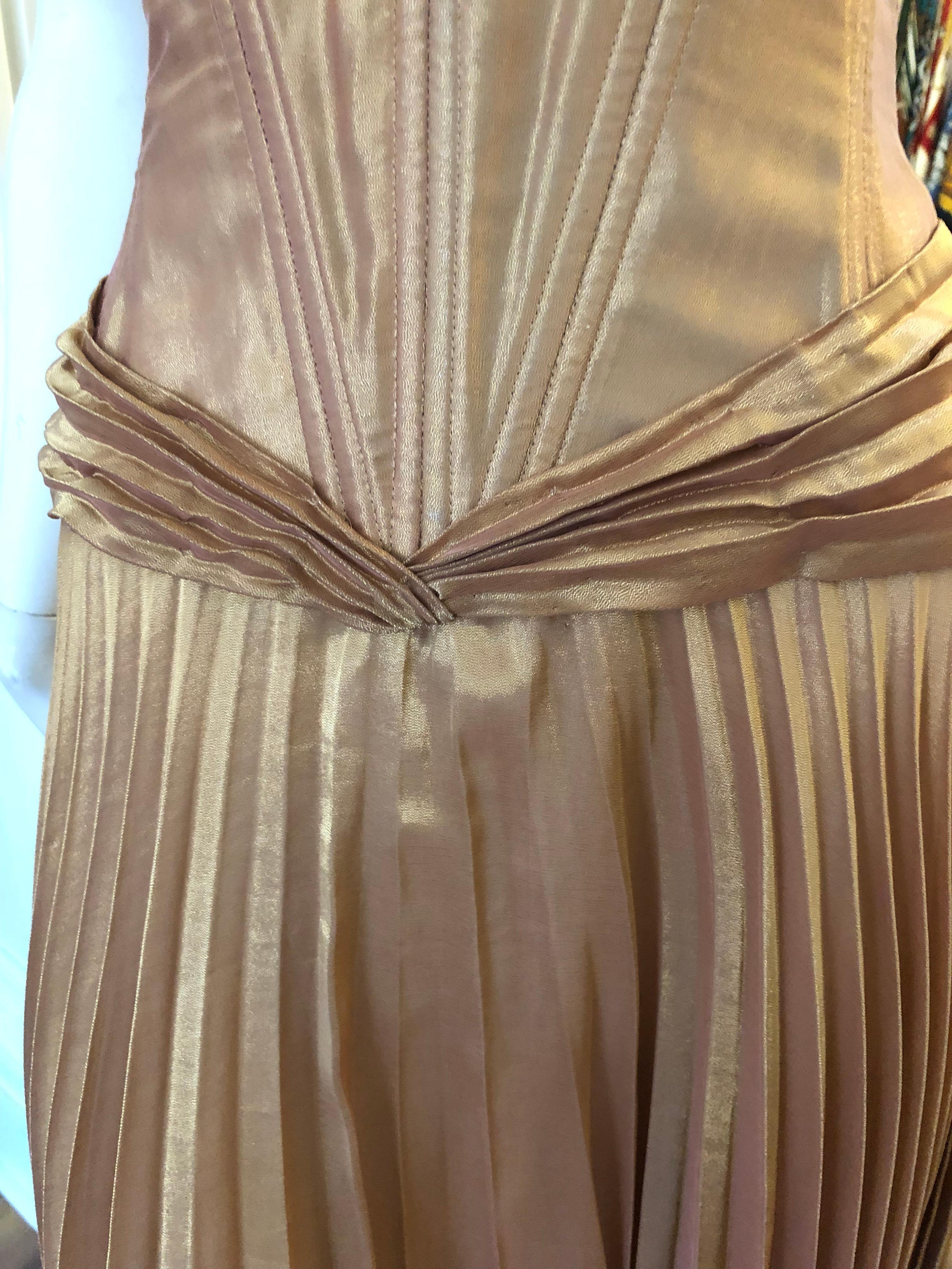 Brown Superb 1980s Vicky Tiel Couture Metallic Gold Lame Dress with Bolero (38) For Sale