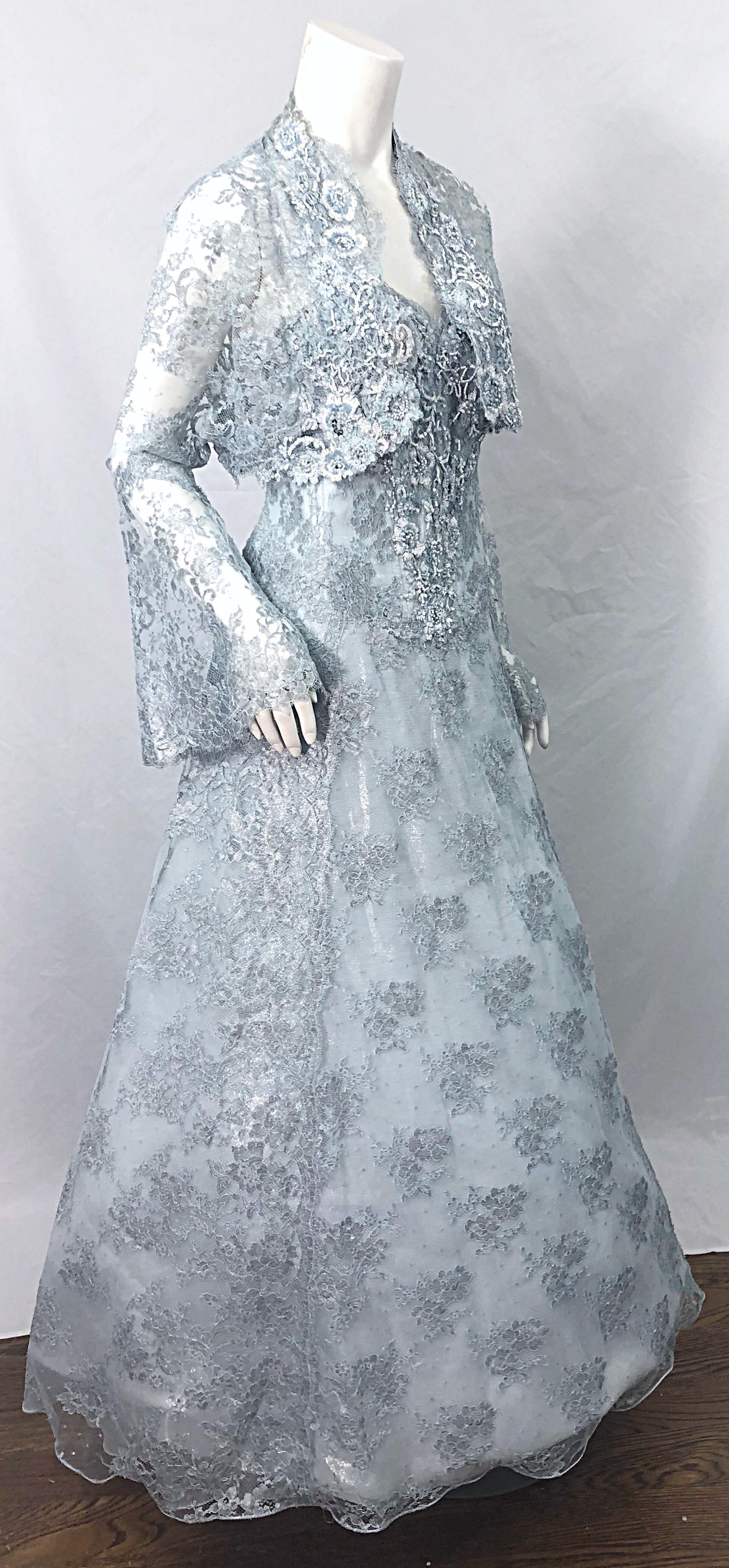 1980er Vicky Tiel Couture Größe 12 / 46 80er Jahre Seidenkleid mit Perlenbesatz in Hellblau + Bolero im Angebot 6