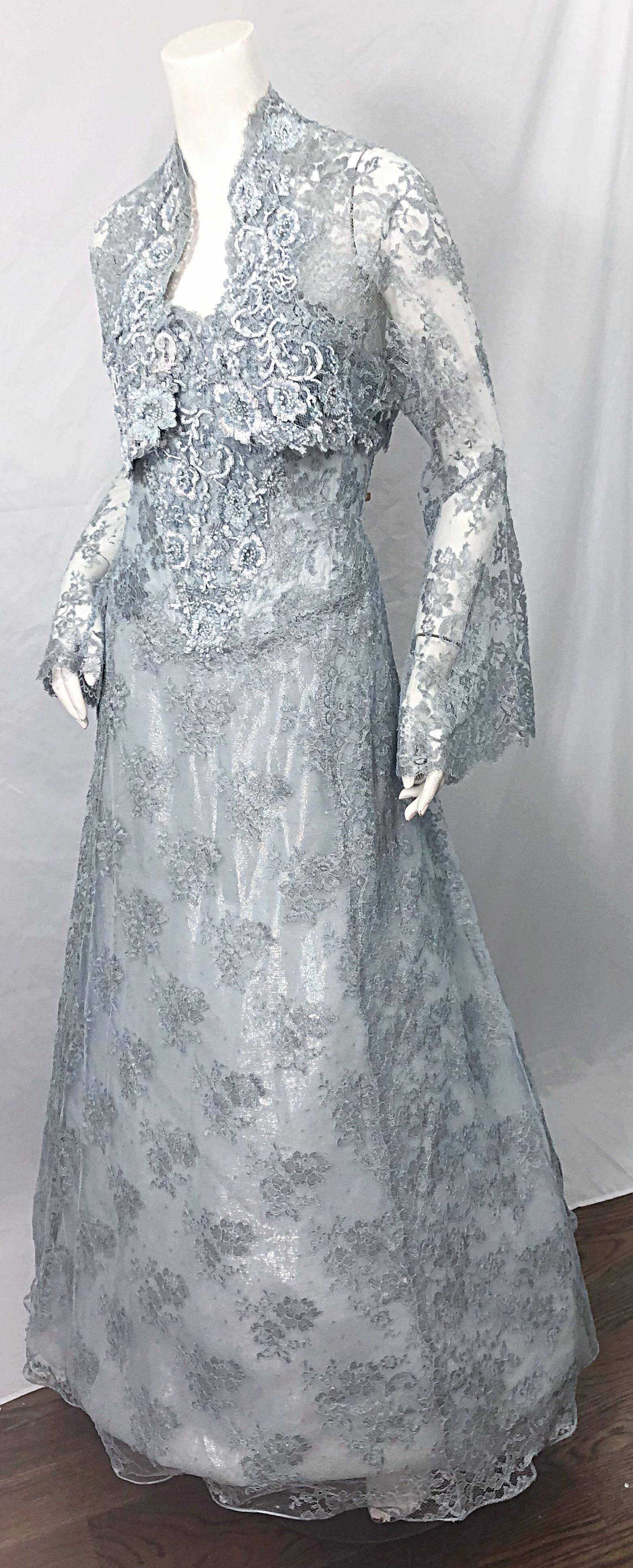 1980er Vicky Tiel Couture Größe 12 / 46 80er Jahre Seidenkleid mit Perlenbesatz in Hellblau + Bolero im Angebot 7