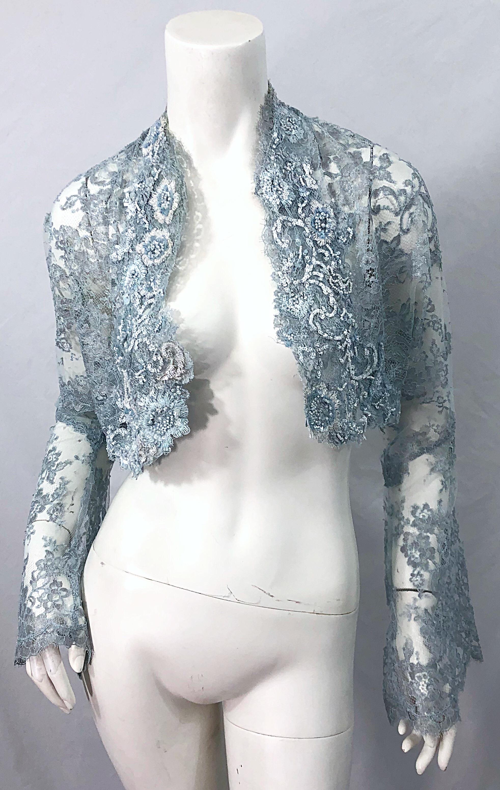 1980er Vicky Tiel Couture Größe 12 / 46 80er Jahre Seidenkleid mit Perlenbesatz in Hellblau + Bolero im Angebot 8