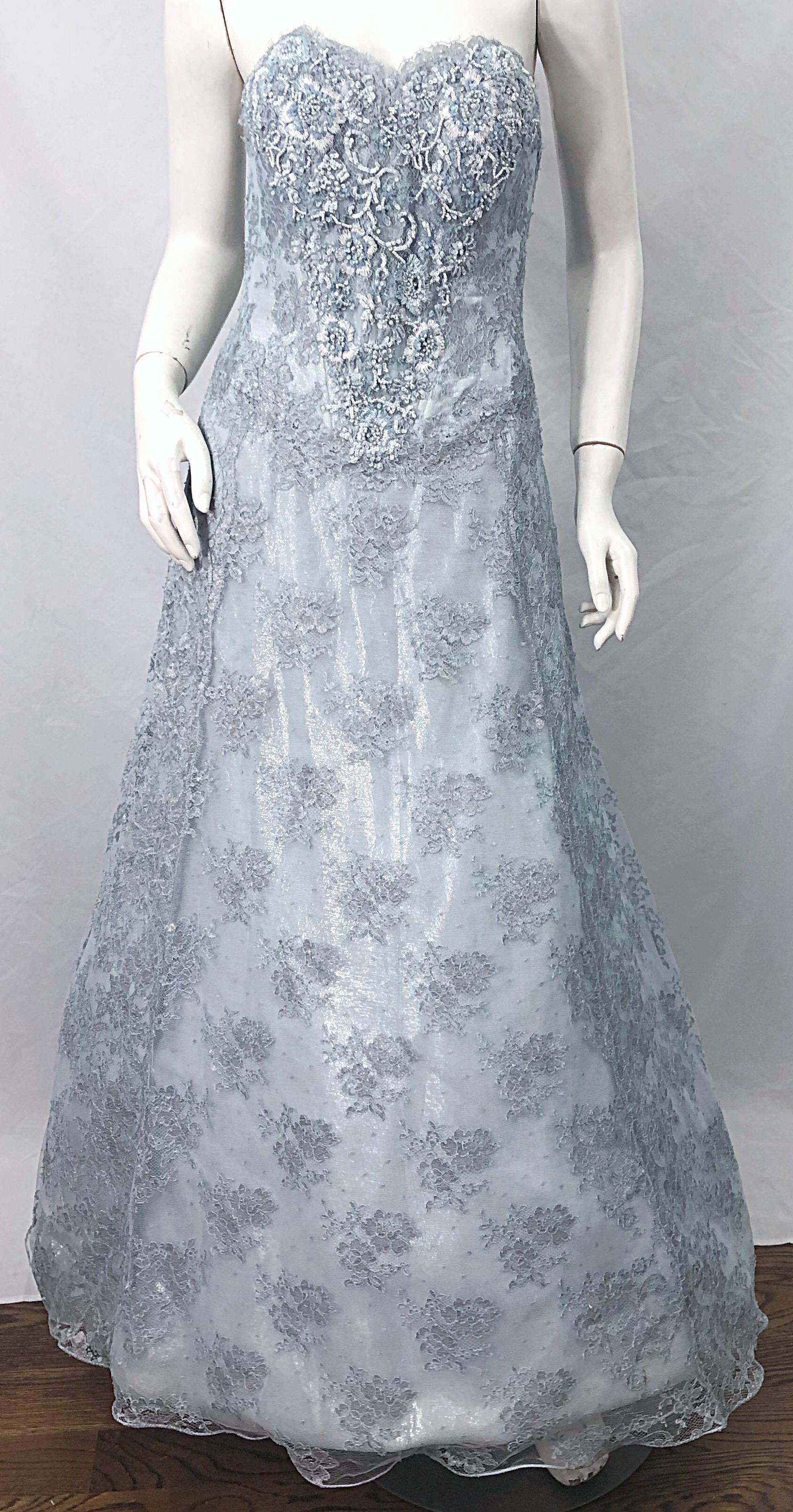 1980er Vicky Tiel Couture Größe 12 / 46 80er Jahre Seidenkleid mit Perlenbesatz in Hellblau + Bolero im Angebot 10