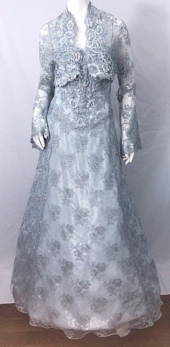 1980s Vicky Tiel Couture Size 12 / 46 Beaded Light Blue 80s Silk Gown + Bolero