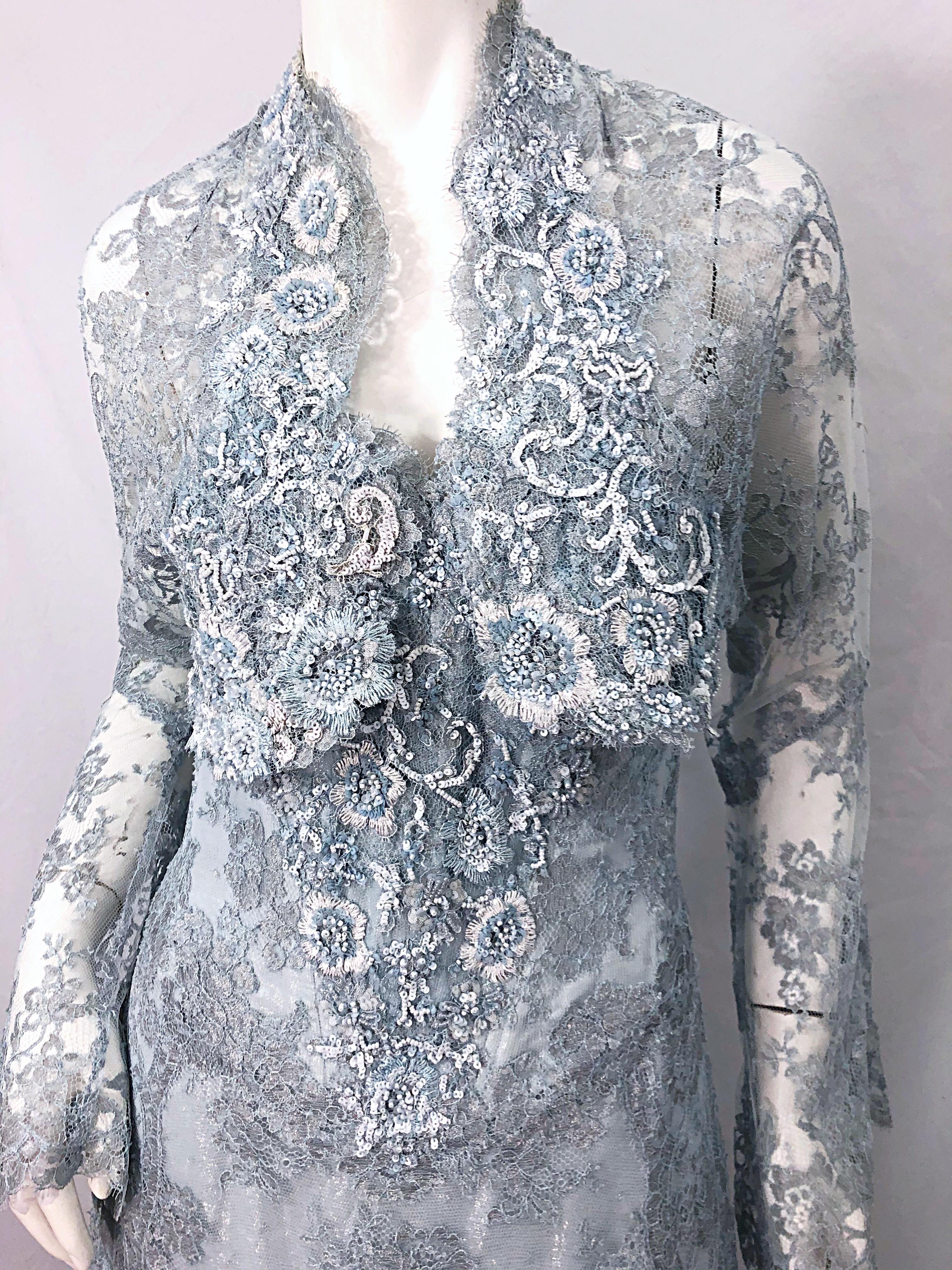 1980er Vicky Tiel Couture Größe 12 / 46 80er Jahre Seidenkleid mit Perlenbesatz in Hellblau + Bolero im Angebot 2