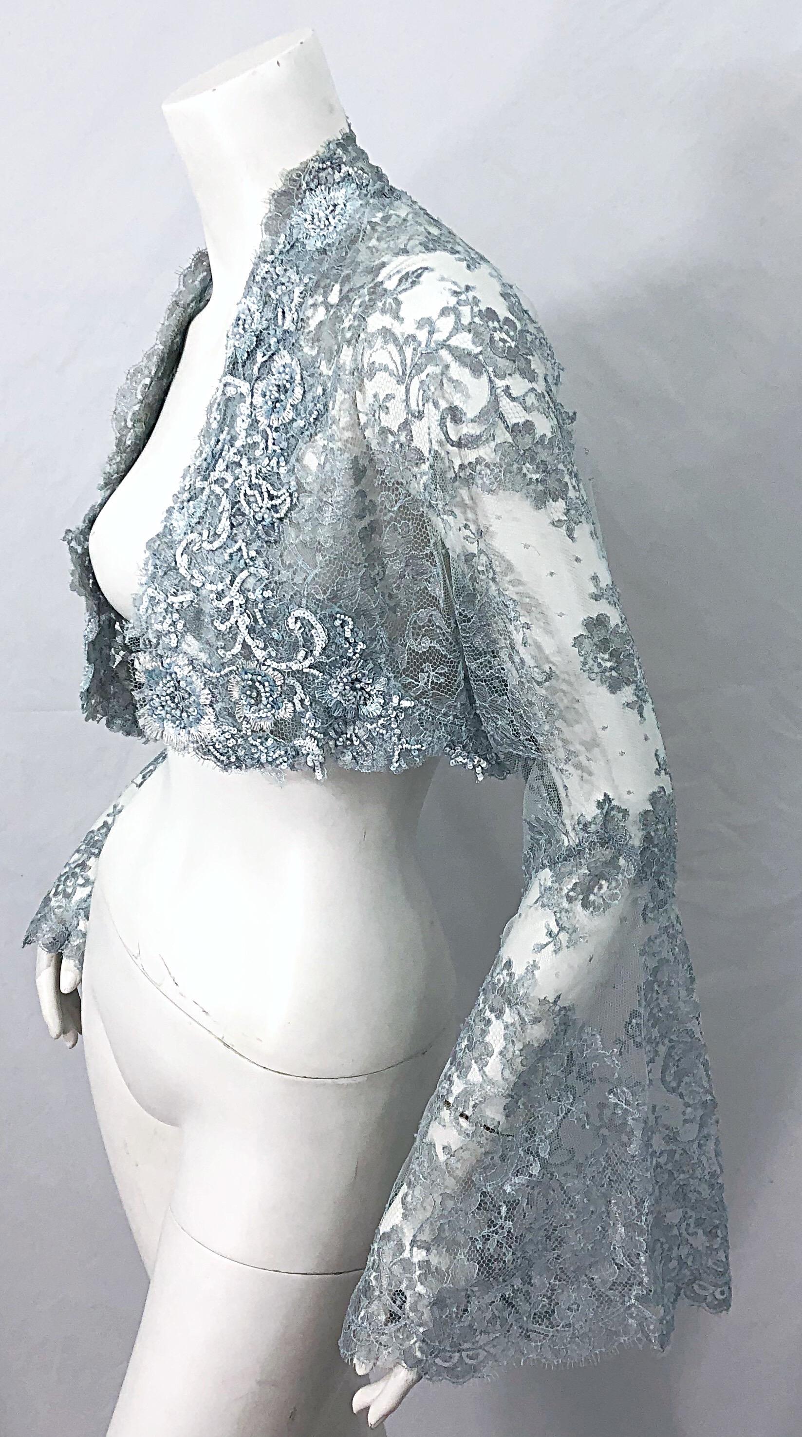 1980er Vicky Tiel Couture Größe 12 / 46 80er Jahre Seidenkleid mit Perlenbesatz in Hellblau + Bolero im Angebot 3