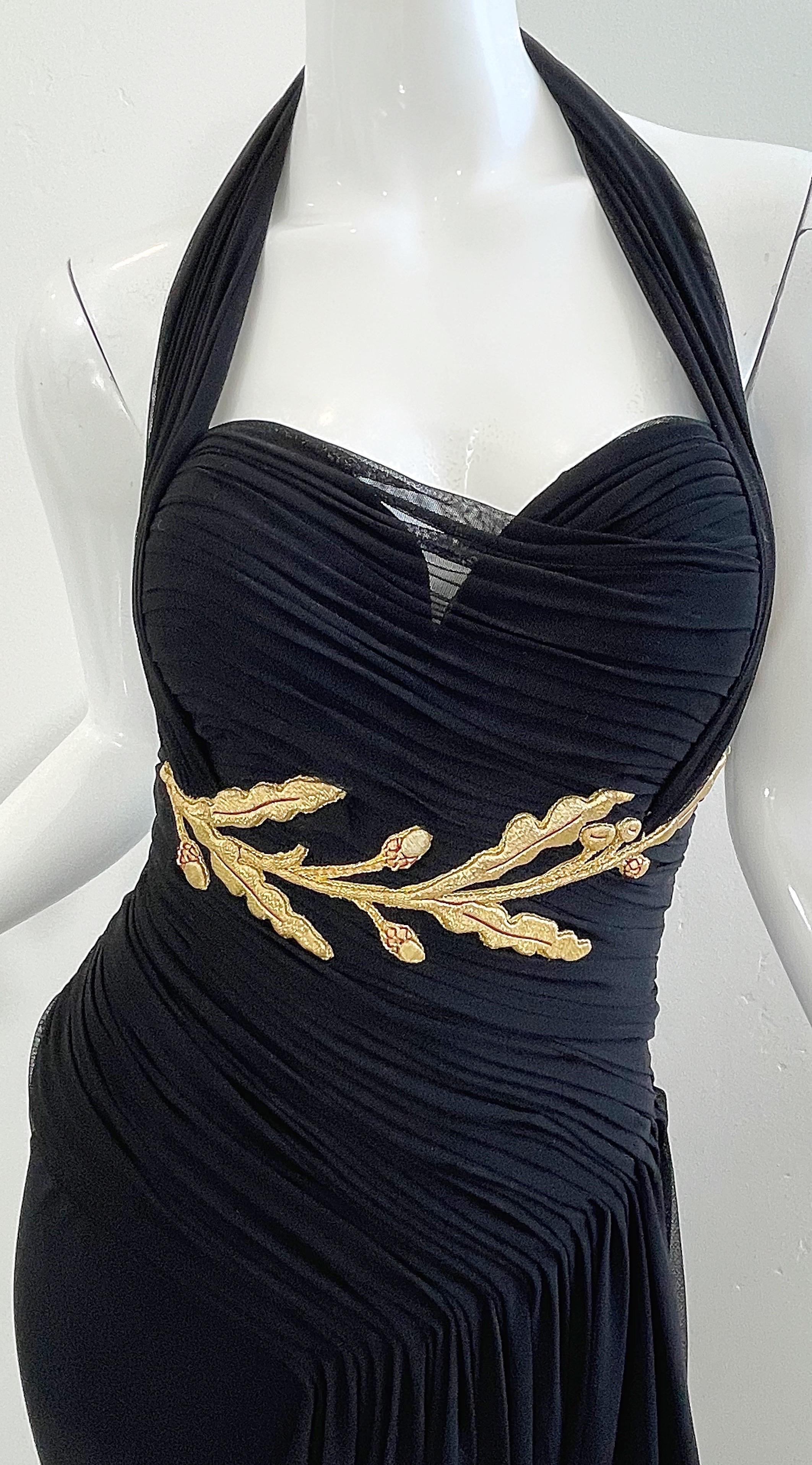 1980s Vicky Tiel Couture Size 40 / 8 Black Gold Embroidered Vintage Halter Gown For Sale 5
